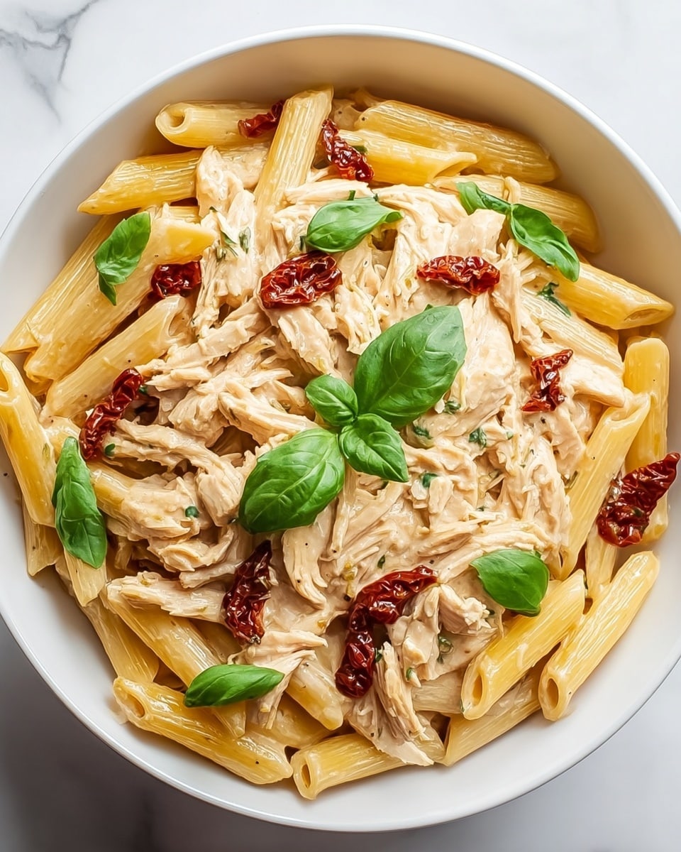 A white bowl filled with a creamy pasta dish showing two main layers; the bottom layer is penne pasta in a light yellow color with a smooth texture, and on top is shredded chicken coated in a light beige creamy sauce. Scattered on the surface are small bright red sun-dried tomato pieces and fresh green basil leaves, adding color contrast. The bowl is placed on a white marbled surface. Photo taken with an iphone --ar 4:5 --v 7