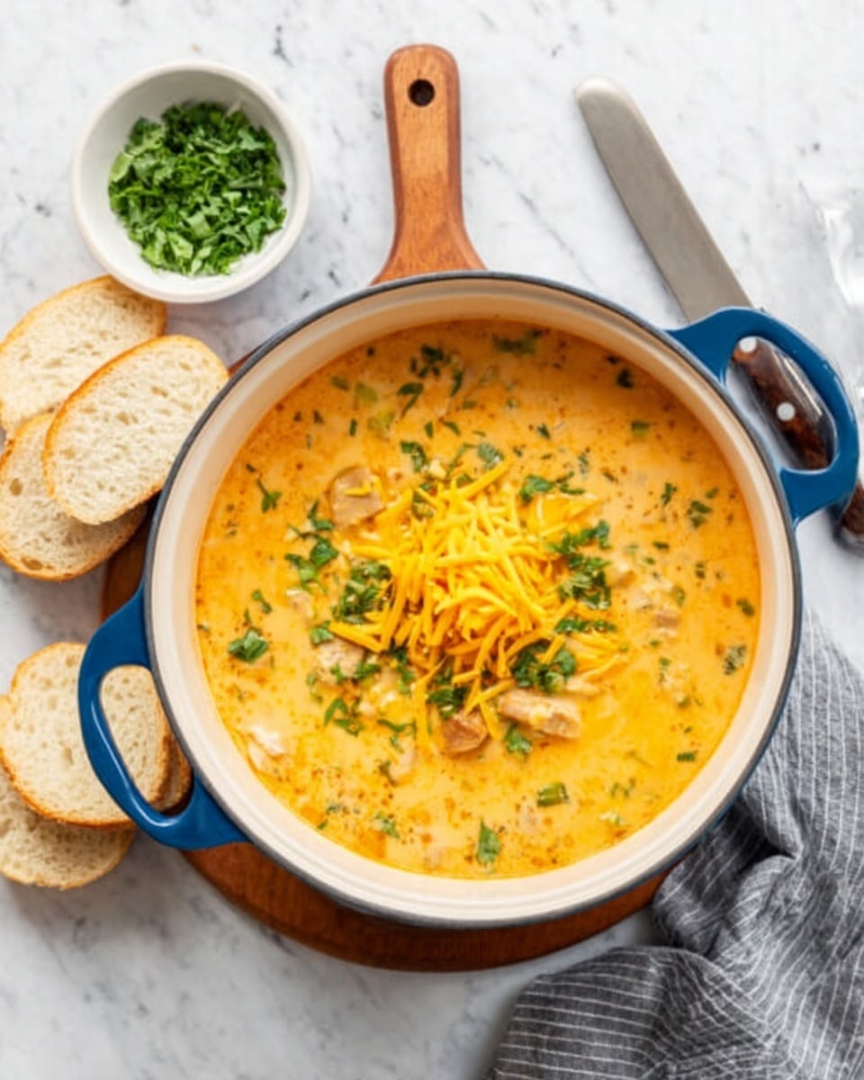 A white pot with blue handles sits on a wooden board on top of a white marbled texture. Inside the pot is a creamy, orange soup with visible pieces of chicken and some green herbs mixed in. On top, there is a small pile of shredded cheddar cheese and a sprinkle of chopped green herbs. To the left of the pot, three slices of light brown bread rest on the surface. In the upper left corner, a small white bowl filled with chopped green herbs is visible. A gray cloth and a knife lay to the right side of the pot. photo taken with an iphone --ar 4:5 --v 7