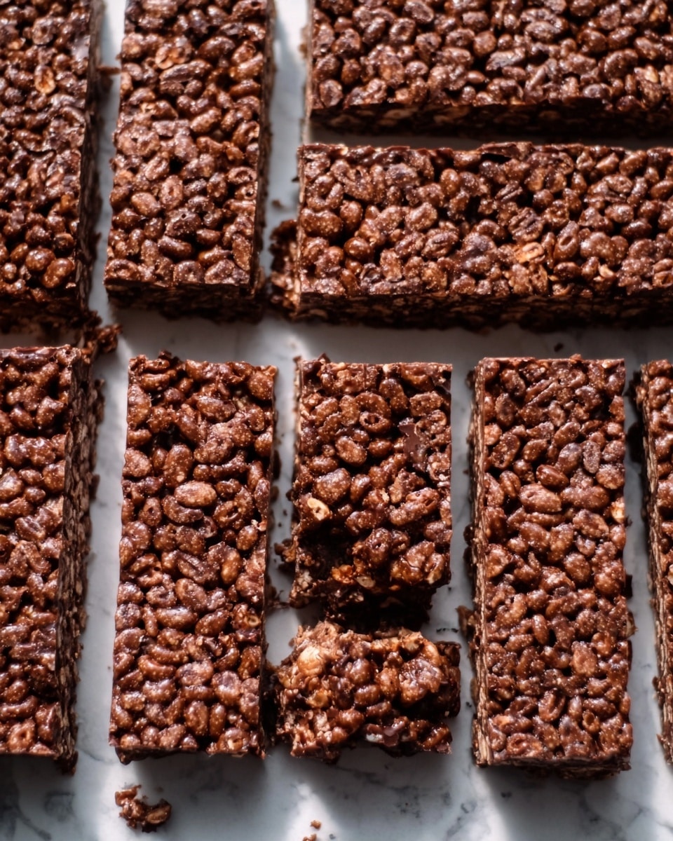 The image shows twelve rectangular chocolate rice crispy bars laid out in three rows on a white marbled surface. Each bar has a deep brown color with a rough, bumpy texture made from the puffed rice mixed with melted chocolate, appearing slightly glossy. The bars are arranged with small gaps between them, horizontally lined up, with some broken pieces showing clusters of the crispy rice inside. The background highlights the rich, chocolaty texture of the bars. Photo taken with an iphone --ar 4:5 --v 7