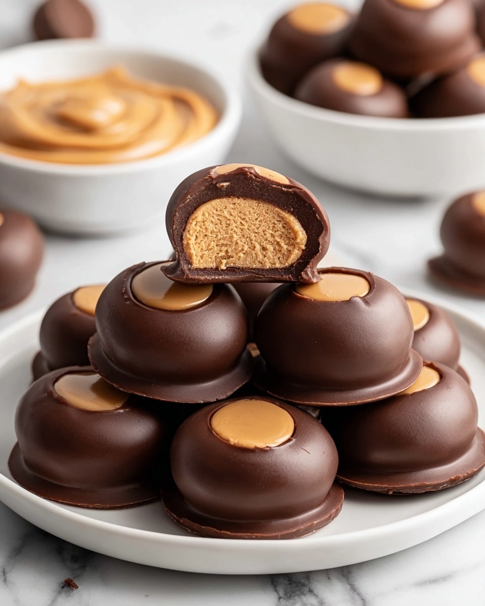 The image shows a white round plate with a stack of round chocolate balls. Each chocolate ball has a smooth dark brown shell with a shiny light brown circle on top. One ball is cut in half and placed on top of the stack, revealing two layers inside: a thick outer dark chocolate coating and a dense light brown center that looks creamy. The surface is white marble, and in the background, there are two white bowls, one filled with smooth light brown peanut butter and the other with more chocolate balls. Photo taken with an iphone --ar 4:5 --v 7