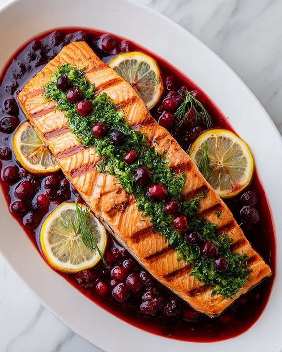 A white oval plate holds a large, golden-brown grilled salmon fillet with clear grill marks across its surface. On top of the salmon, there is a thick layer of finely chopped green herbs arranged in a neat strip down the center, dotted with small dark red berries. Around the salmon, there is a glossy deep red sauce with whole dark red berries and some green leaves in it, partially soaking the plate. Three lemon slices with visible seeds and pale yellow color are placed around the fillet on the sauce, adding a fresh contrast to the rich colors. The plate is set on a white marbled surface. photo taken with an iphone --ar 4:5 --v 7
