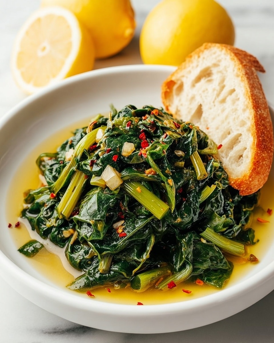 A white bowl contains a mound of cooked dark green leafy vegetables with soft stems, glistening in a light golden broth with red chili flakes and small bits of white garlic scattered on top. Behind the bowl, two lemon halves and a whole lemon sit out of focus, adding a bright yellow color. To the right of the cooked greens, a slice of crusty white bread rests against the side of the bowl. The bowl is placed on a white marbled surface. Photo taken with an iphone --ar 4:5 --v 7