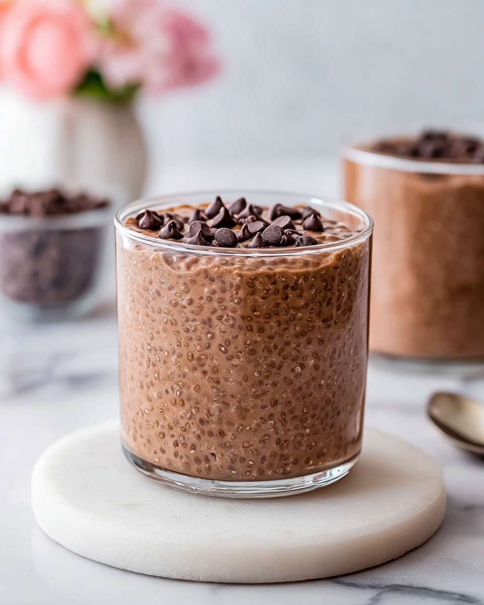 The image shows a clear glass filled with chocolate chia pudding, which has a thick, creamy texture with small chia seeds visible throughout the light brown chocolate mix. The pudding is topped with a layer of dark brown chocolate chips scattered evenly on the surface. The glass sits on a round white coaster placed on a white marbled surface. In the blurry background, another glass with the same pudding and a small container with extra chocolate chips can be seen, along with a blurred bunch of light pink flowers. photo taken with an iphone --ar 4:5 --v 7