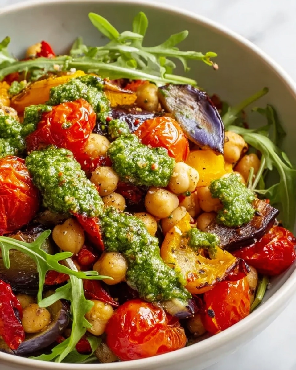 A close-up image showing a bowl filled with a colorful salad of chickpeas, roasted cherry tomatoes, and pieces of roasted yellow and purple vegetables. The salad is topped with dollops of green pesto sauce and fresh green arugula leaves scattered throughout. The dish is presented in a white bowl, set on a white marbled surface. The textures vary from smooth pesto, firm chickpeas, to juicy roasted vegetables, creating a rich and fresh look. photo taken with an iphone --ar 4:5 --v 7