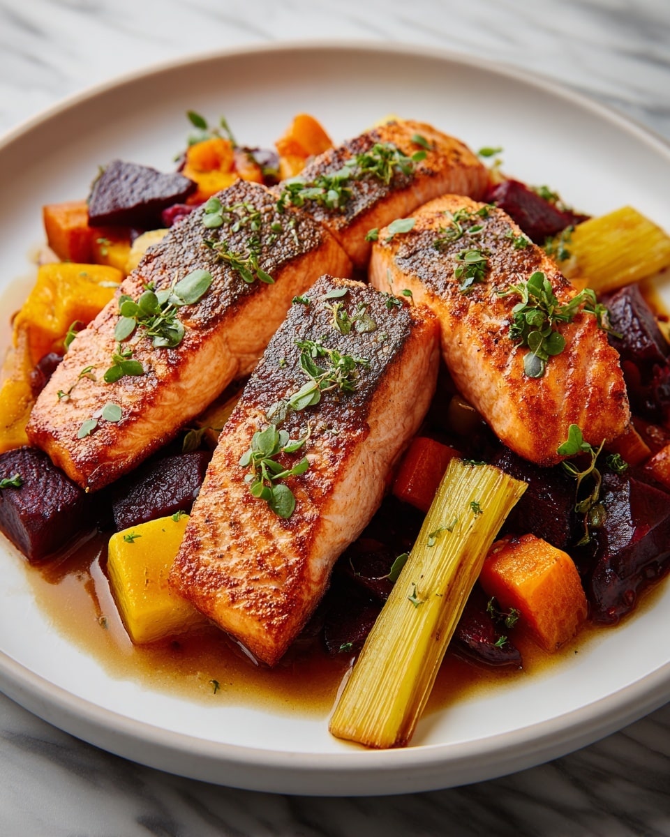 The dish shows three thick, grilled salmon fillets with a golden-brown crust, placed center on a white plate. The salmon is garnished with small green herb leaves scattered on top. Underneath and around the salmon, there is a colorful mix of roasted vegetables including deep purple beet chunks, bright orange sweet potato cubes, and yellow carrot pieces, all with a slightly caramelized texture. Long, light yellow parsnip pieces lie alongside the vegetables, adding height and texture contrast. The dish is finished with a light brown sauce pooling slightly at the base, and the whole plate rests on a white marbled surface. photo taken with an iphone --ar 4:5 --v 7