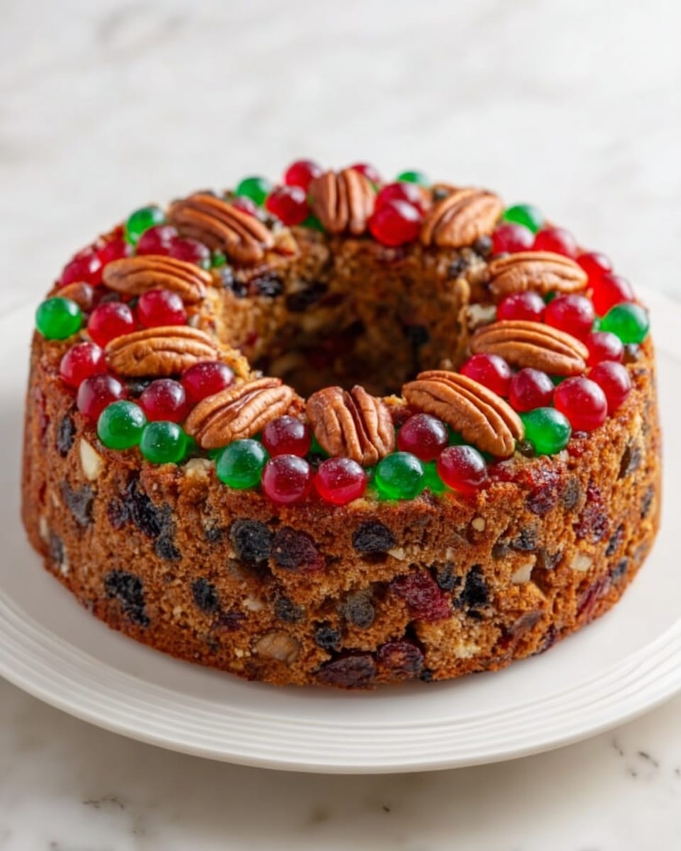 A round fruitcake shaped like a wreath sits on a white plate on a white marbled surface. The cake has a dense, brown texture filled with dark dried fruits visible throughout its thick layer. On top, there is a decorative ring of shiny red and green candied cherries and large, smooth brown pecan nuts arranged evenly around the hole in the center. The cake looks moist and packed with nuts and fruits, and it is brightly colored from the fruit toppings. photo taken with an iphone --ar 4:5 --v 7