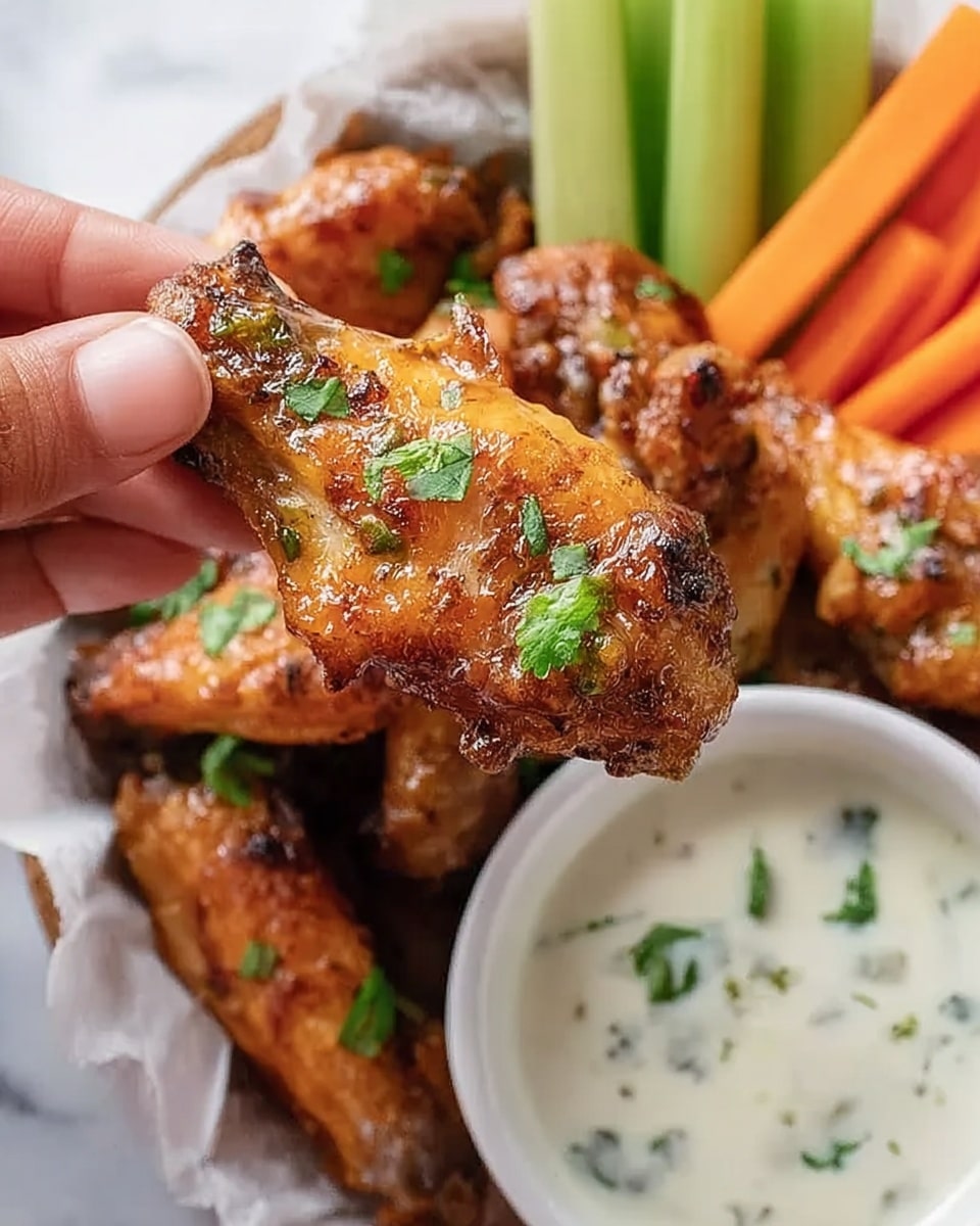 The image shows a close-up of a woman's hand holding a golden-brown chicken wing with crispy skin and small green herb pieces on top. Below the held wing, there are several more wings piled together, all having the same crispy texture and herb garnish. Behind the wings, there are some carrot and celery sticks arranged vertically, and to the right side is a white bowl filled with creamy white dipping sauce with green herb specks. The whole scene is set on a white marbled surface with a white paper underneath the wings. photo taken with an iphone --ar 4:5 --v 7