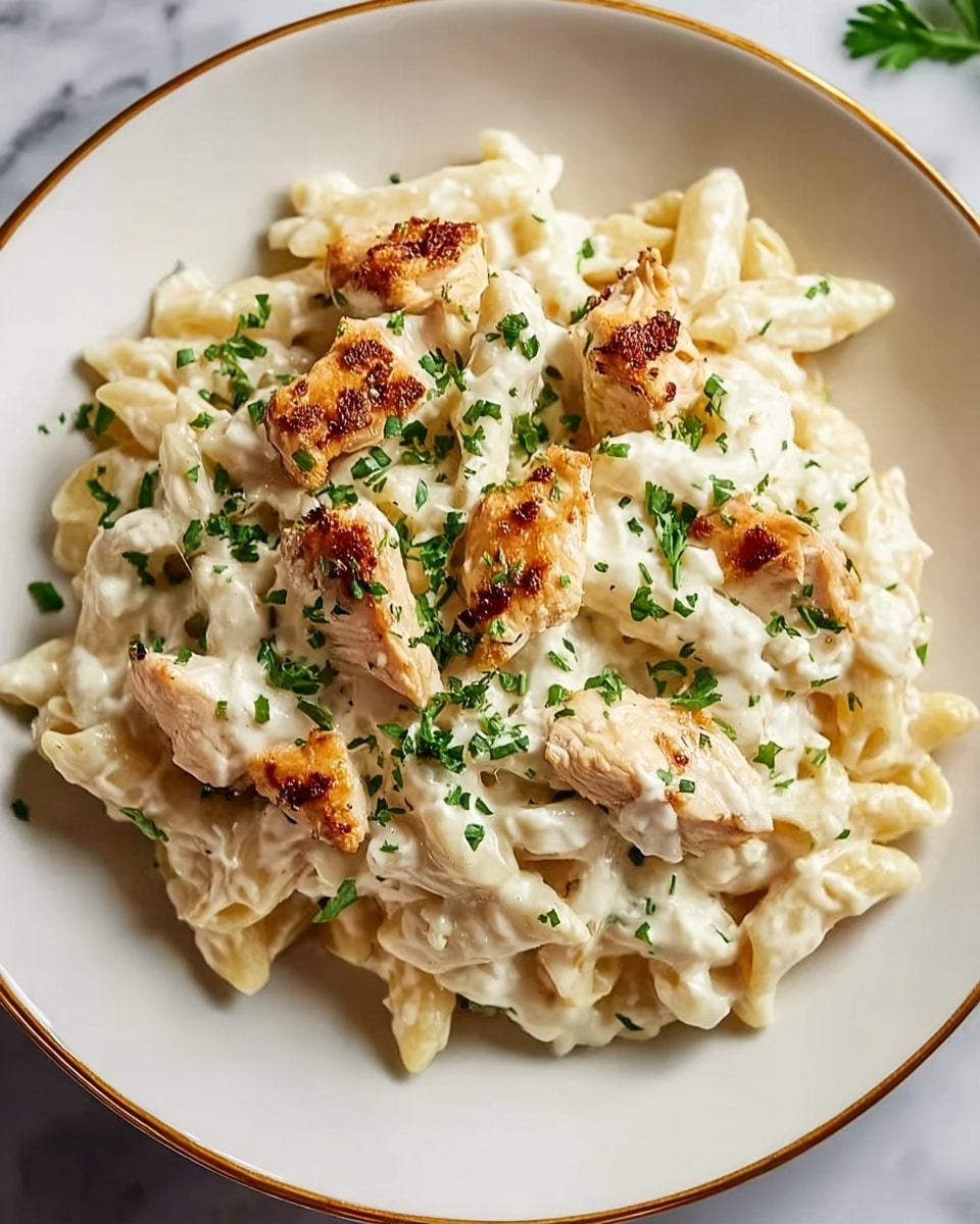 A white round plate with a thin gold rim holds a creamy pasta dish with three main layers: at the bottom, there are short, tube-shaped pasta pieces coated in a thick, smooth white sauce; scattered on top are small, lightly browned pieces of chicken with a slightly crispy texture; the entire dish is sprinkled with finely chopped green herbs, adding a fresh burst of color. The plate sits on a white marbled surface photo taken with an iphone --ar 4:5 --v 7