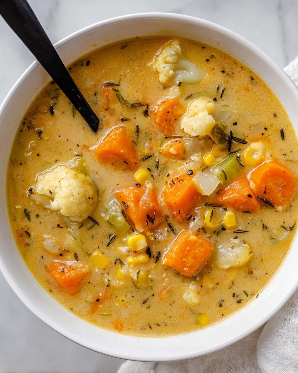 The image shows a close-up of a bowl filled with thick vegetable soup. The soup has a golden-yellow creamy broth as the base layer, with visible small black herb flecks spread throughout. Large chunks of orange carrots and white cauliflower florets are scattered on top, with pieces of light green celery and yellow corn kernels mixed in. A black spoon rests inside the bowl at the top left, partially submerged in the soup. The bowl is white, placed on a white marbled surface, and a white cloth is partially visible on the right side. Photo taken with an iphone --ar 4:5 --v 7