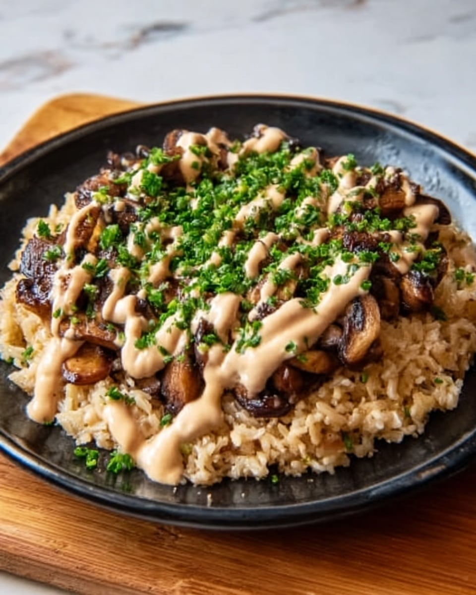 A round black plate is filled with a single layer of cooked brown rice as the base, with a slightly rough texture. On top of the rice, there are several pieces of dark brown, grilled or sautéed mushrooms, scattered unevenly. Covering the mushrooms is a creamy, light tan sauce drizzled in thin lines. Finally, chopped fresh green herbs are sprinkled evenly over the entire dish as a bright garnish. The plate sits on a wooden surface with a white marbled texture in the background. Photo taken with an iphone --ar 4:5 --v 7