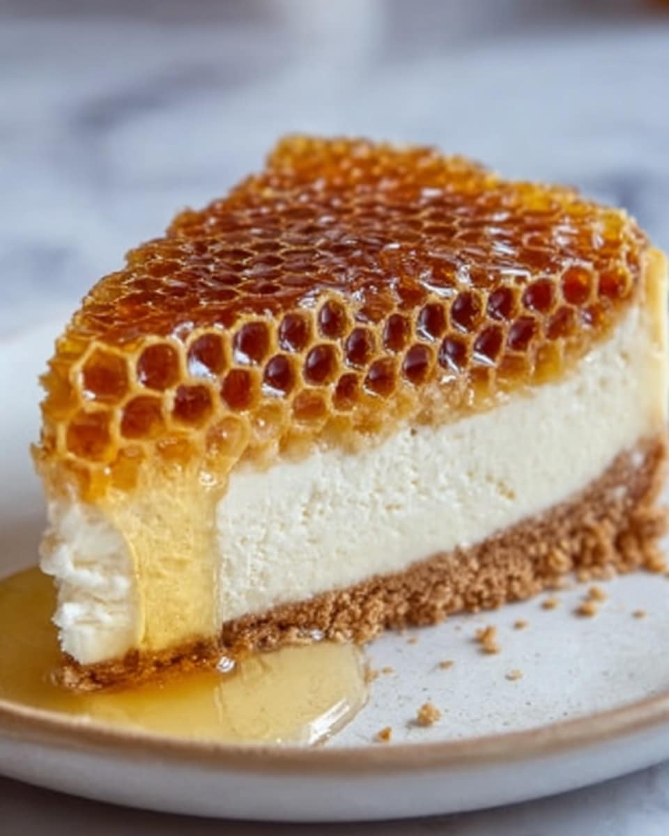 A close-up of a slice of honeycomb cheesecake on a white plate, showing three clear layers: a crumbly brown crust at the bottom, a thick creamy white cheesecake layer in the middle, and a golden honeycomb piece with its hexagonal pattern on top, glistening with honey. The plate sits on a white marbled surface. photo taken with an iphone --ar 4:5 --v 7