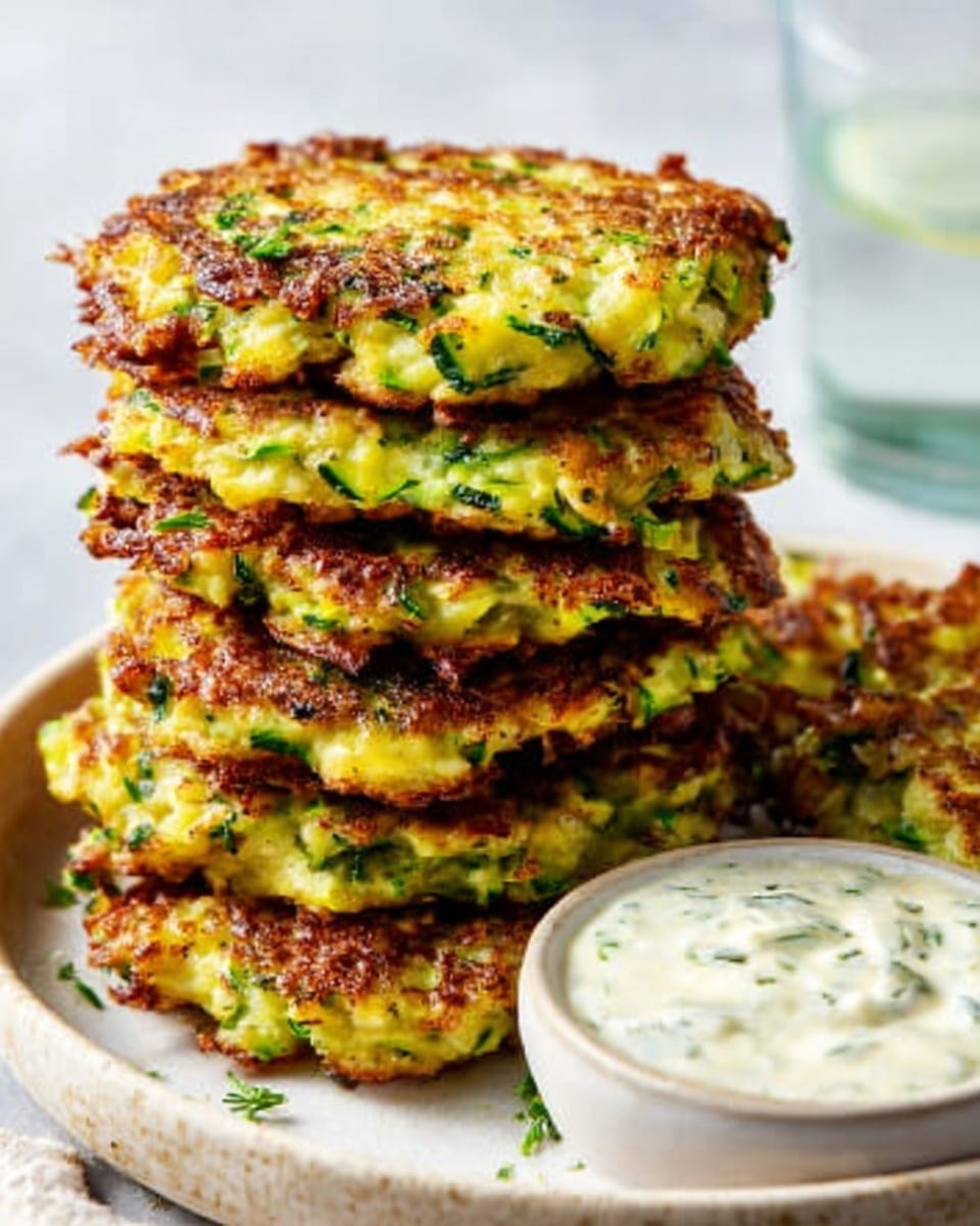 A stack of seven golden-brown zucchini fritters with a crispy, textured surface and bits of green zucchini visible throughout, placed on a white bowl. Next to the fritters is a small white bowl filled with creamy white dipping sauce speckled with green herbs. The background features a white marbled texture, with a clear glass of water slightly blurred in the top right corner. The fritters sit closely stacked, showing their uneven edges and rough texture. Photo taken with an iphone --ar 4:5 --v 7