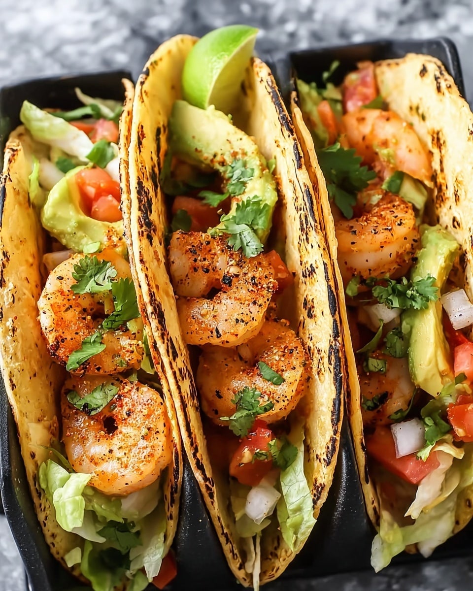 Three grilled corn tortillas with golden-brown char marks stand upright in a black taco holder on a white marbled surface. Each tortilla holds several plump, orange-pink shrimp sprinkled with black pepper and small green cilantro leaves. There are also chunky pale green avocado pieces, white onion bits, and vibrant red tomato pieces layered inside. The tacos are filled with some shredded lettuce visible at the bottom, with a lime slice tucked inside one taco. Fresh cilantro leaves are scattered on top and around the tacos, adding a fresh green touch. photo taken with an iphone --ar 4:5 --v 7