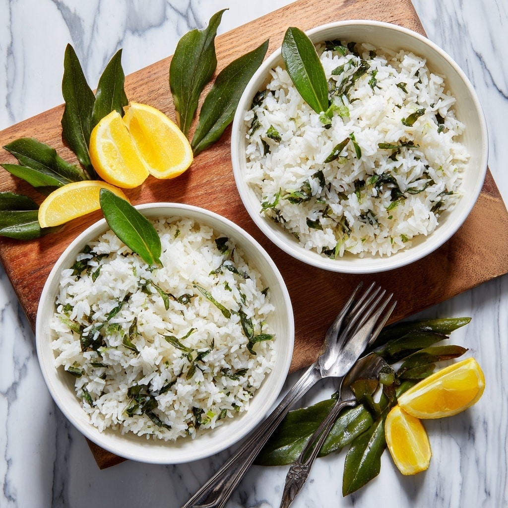 Two white bowls filled with cooked white rice mixed with small pieces of green herbs are placed side by side. Each bowl is topped with a small green leaf and a yellow lemon wedge, sitting on the left side of the rice. The bowls rest on a wooden board with scattered green leaves and three lemon wedges nearby. A shiny silver fork lies between the two bowls on the right, all set on a white marbled surface. Photo taken with an iphone --ar 4:5 --v 7