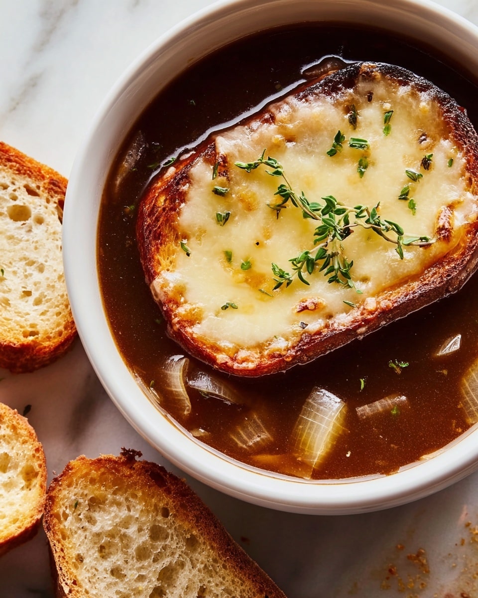 A white bowl filled with dark brown onion soup that has visible cooked onion slices and small green herb sprigs floating in it. On top of the soup, there is one slice of toasted bread with a thick, melted layer of golden-brown cheese covering it, slightly bubbly and browned in spots, garnished with fresh green herb sprigs. Around the bowl, there are a few pieces of plain toasted bread with a light golden crust and soft, airy texture. The bowl is placed on a white marbled surface. Photo taken with an iphone --ar 4:5 --v 7