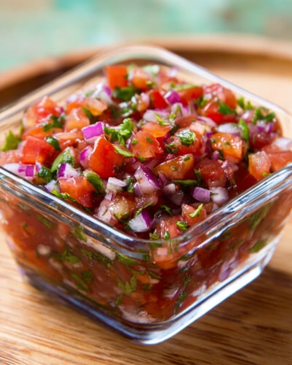 The image shows a clear glass square container filled with a colorful salsa made of small diced red tomatoes, finely chopped red onions, and green herbs mixed throughout. The salsa has a fresh, juicy texture with a mix of bright red, purple, and green colors. The container is set on a light brown wooden surface with a blurred green and beige background. photo taken with an iphone --ar 4:5 --v 7