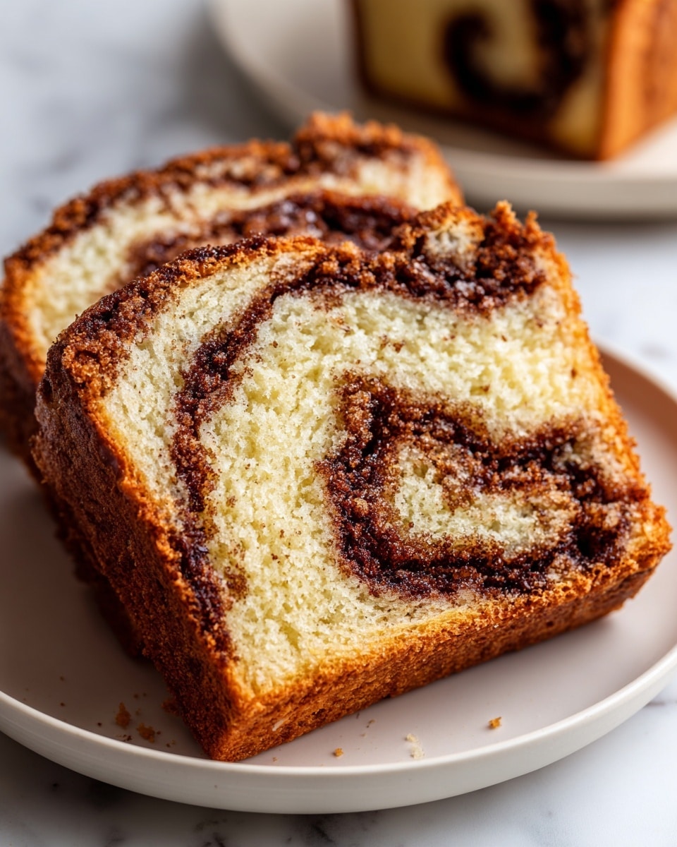 A close-up of one thick slice of cinnamon swirl bread on a white plate, set on a white marbled surface. The bread has two visible layers: a light beige soft cake-like base with a fluffy texture and a glossy cinnamon swirl layer rich in dark brown cinnamon sugar, creating swirling patterns throughout the slice. The dark cinnamon layer is thicker on top, with slightly crunchy cinnamon sugar spotting the surface, giving a textured look. The edges of the bread are golden brown with a slightly crispy crust. The photo taken with an iphone --ar 4:5 --v 7
