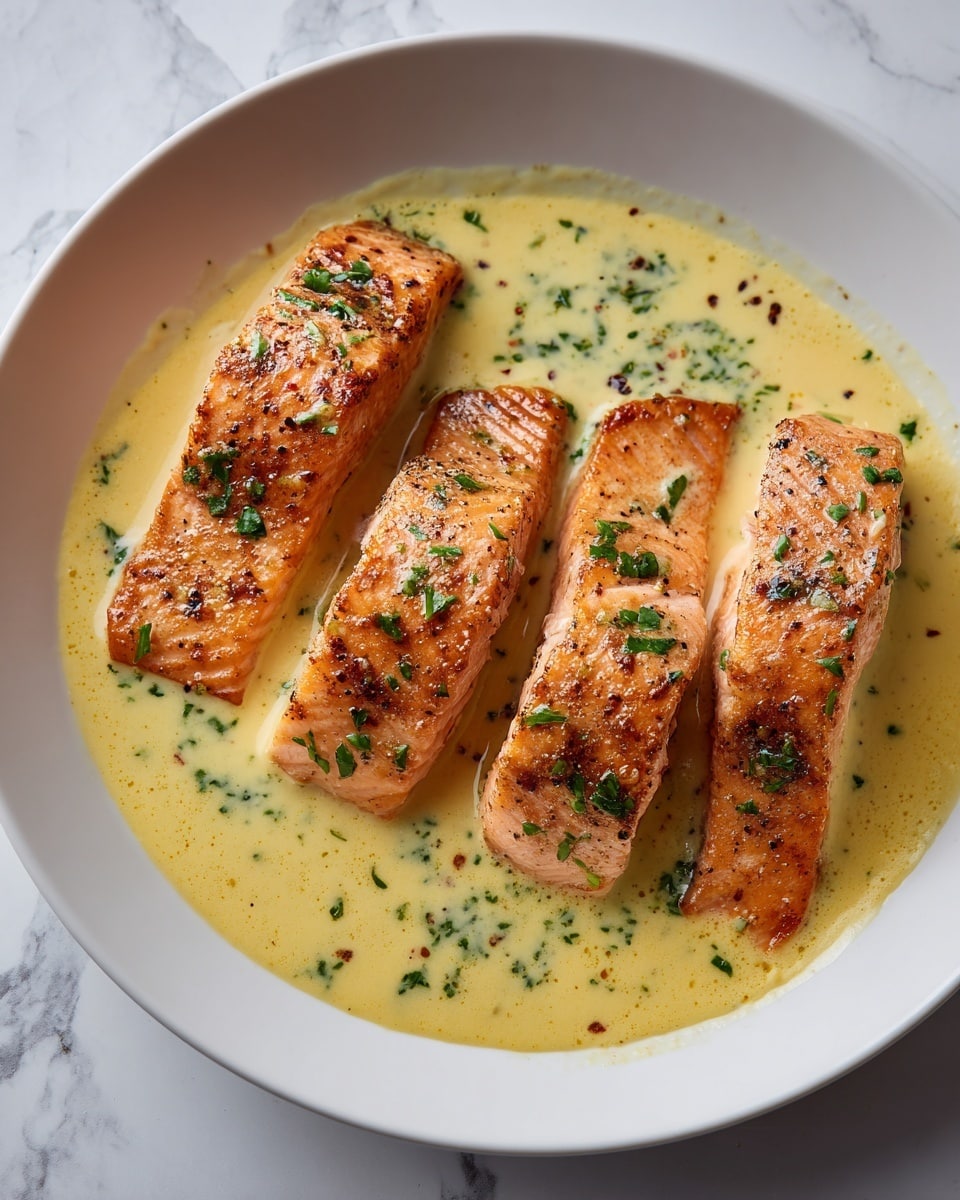The image shows four pieces of cooked salmon placed on a white plate. Each salmon piece has a light pink color with a slight char on top, and they are topped with chopped green herbs. The salmon sits in a creamy, yellow sauce that covers the plate but does not fully cover the salmon pieces. The texture of the sauce looks smooth and rich. The white marbled surface underneath the plate is partly visible. photo taken with an iphone --ar 4:5 --v 7