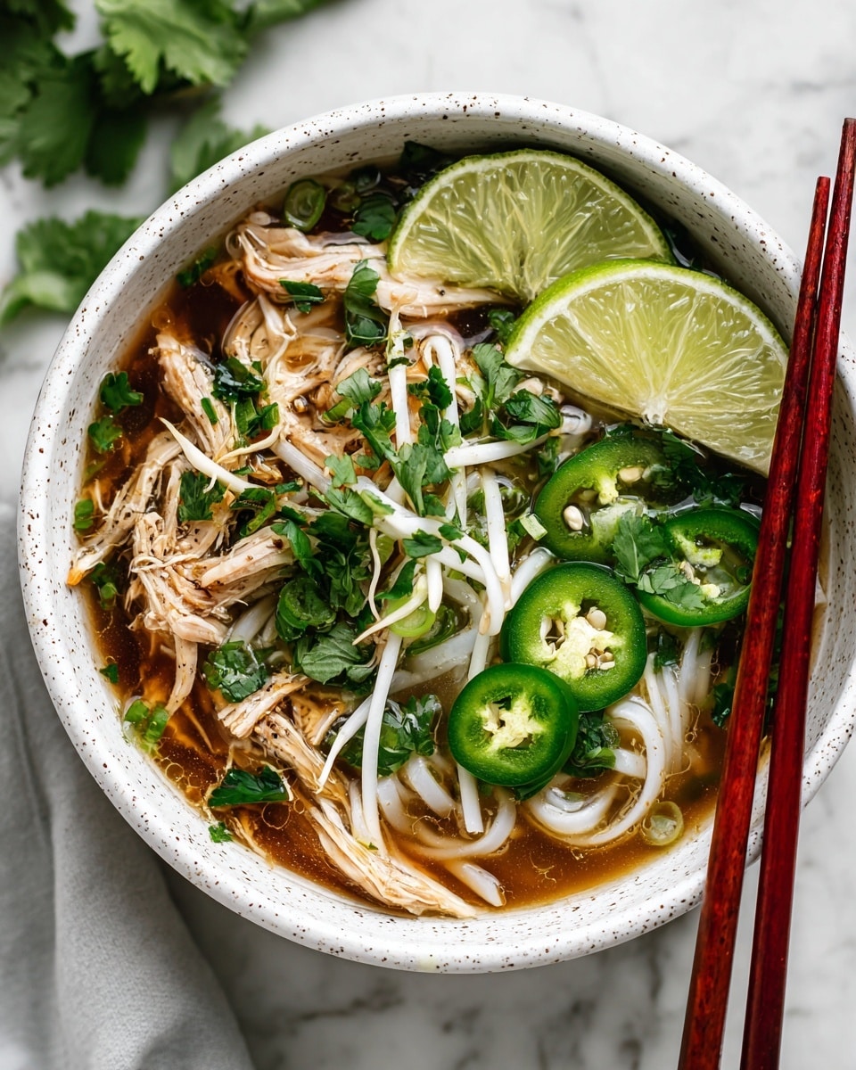 A white speckled bowl filled with clear brown broth sits at the center of the image, containing thin white rice noodles at the bottom. On top, there are pale shredded chicken pieces on one side, a small pile of white bean sprouts in the middle, and fresh green cilantro leaves on the other side. Bright green sliced jalapeño rings and lime wedges rest on the surface of the soup, adding pops of color. A pair of red chopsticks rests across the bowl's rim, pointing slightly downward. In the background, a smaller white speckled bowl with lime wedges is visible on a white marbled surface, with scattered cilantro leaves around the bowls. photo taken with an iphone --ar 4:5 --v 7
