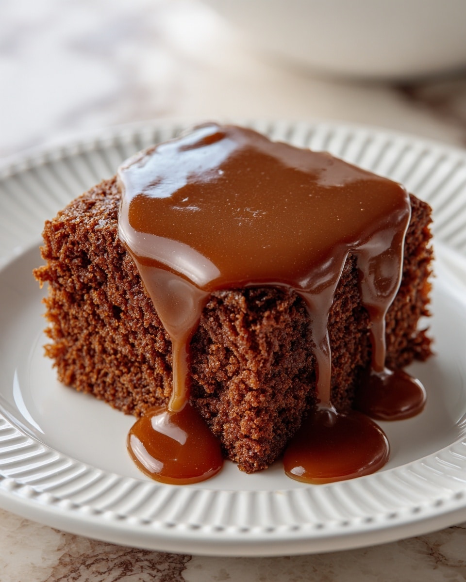 A single square piece of chocolate cake sits in the center of a white plate with a subtle dotted edge. The cake has two thick, moist layers of soft, brown chocolate sponge with a coarse texture. On top, a rich, glossy caramel sauce drips down the sides, pooling slightly on the plate around the cake. The scene rests on a white marbled surface with soft lighting highlighting the shiny caramel and crumbly cake texture. Photo taken with an iphone --ar 4:5 --v 7