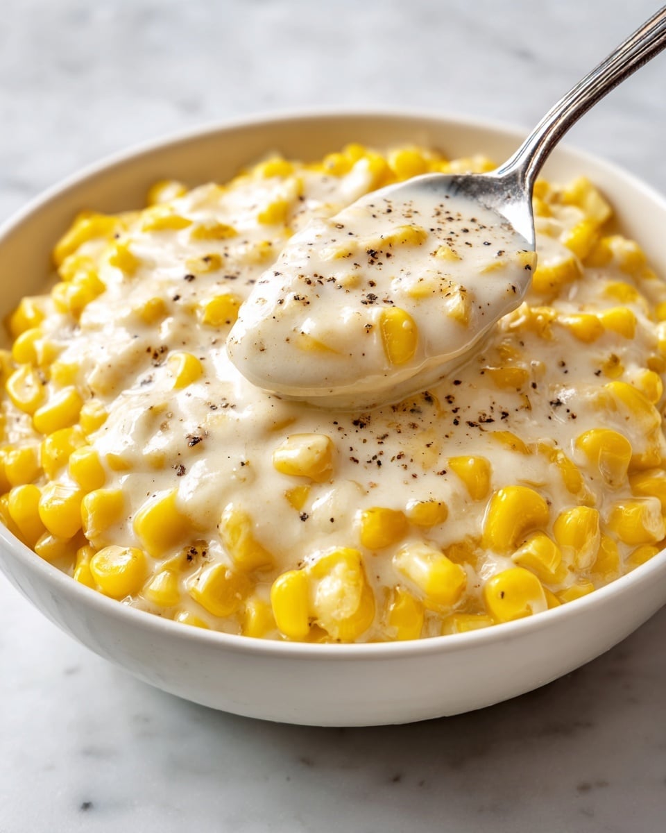 A close-up of a white bowl filled with creamy corn, showing three layers of yellow corn kernels covered in a smooth, white cream sauce with specks of black pepper sprinkled on top, with a spoon scooping some corn from the bowl. The background is a white marbled texture. photo taken with an iphone --ar 4:5 --v 7