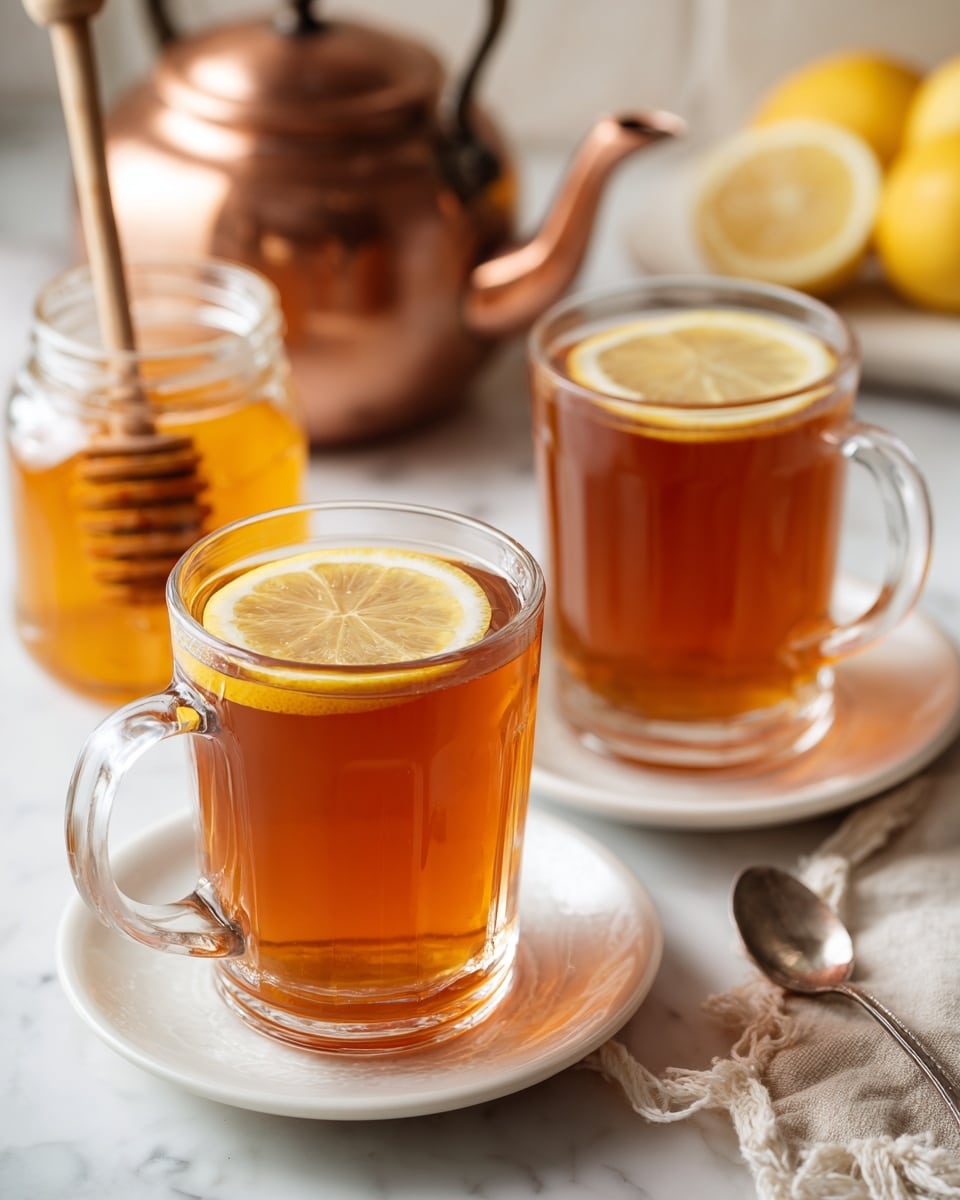 The image shows two clear glass mugs filled with amber-colored tea, each topped with a thin lemon slice floating on the surface. Next to the mugs is a clear glass jar filled with golden honey, with a wooden honey dipper resting on its opening. These items sit on a dark wooden tray over a beige cloth with a subtle weave pattern. Behind the tray, there is a rustic bronze kettle and a lemon partially visible on the left. The overall scene is warm and cozy, highlighting the rich colors of the tea and honey. Photo taken with an iphone --ar 4:5 --v 7