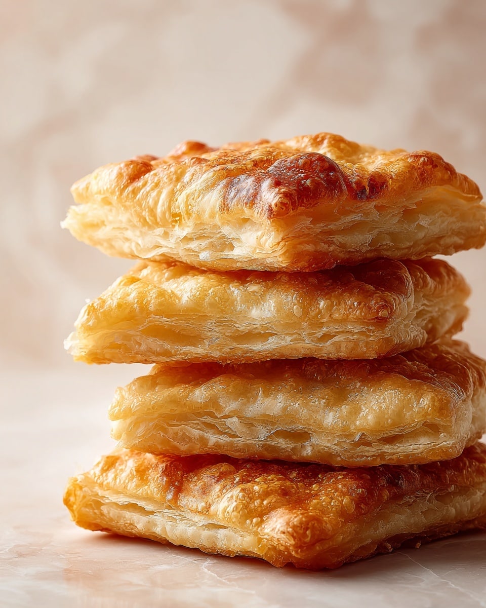The image shows a stack of four golden brown, crispy fried pastries with a slightly uneven, bubbly texture on their surface. Each pastry layer looks thick and airy, with a light, flaky crust that catches the warm light, making them appear soft inside and crunchy outside. They are stacked vertically, filling most of the frame, set against a white marbled texture background. The focus is sharp on the detailed texture of the top pastry, and the overall tone is warm and inviting. Photo taken with an iphone --ar 4:5 --v 7