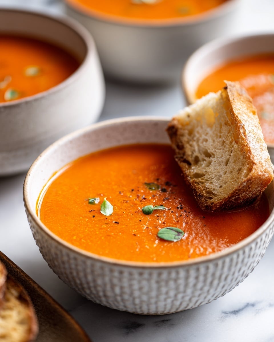 A close-up image of a white bowl filled nearly to the top with smooth, bright orange tomato soup, showing tiny green herbs floating on the surface. A piece of light golden toasted crusty bread, with visible air holes and a crunchy texture, is dipped into the soup, resting on the edge of the bowl. Behind this bowl, another white bowl of the same design also holds tomato soup, slightly blurred to emphasize depth. The bowls sit on a white marbled surface, and a shiny metal spoon is partially visible on the bottom right. photo taken with an iphone --ar 4:5 --v 7
