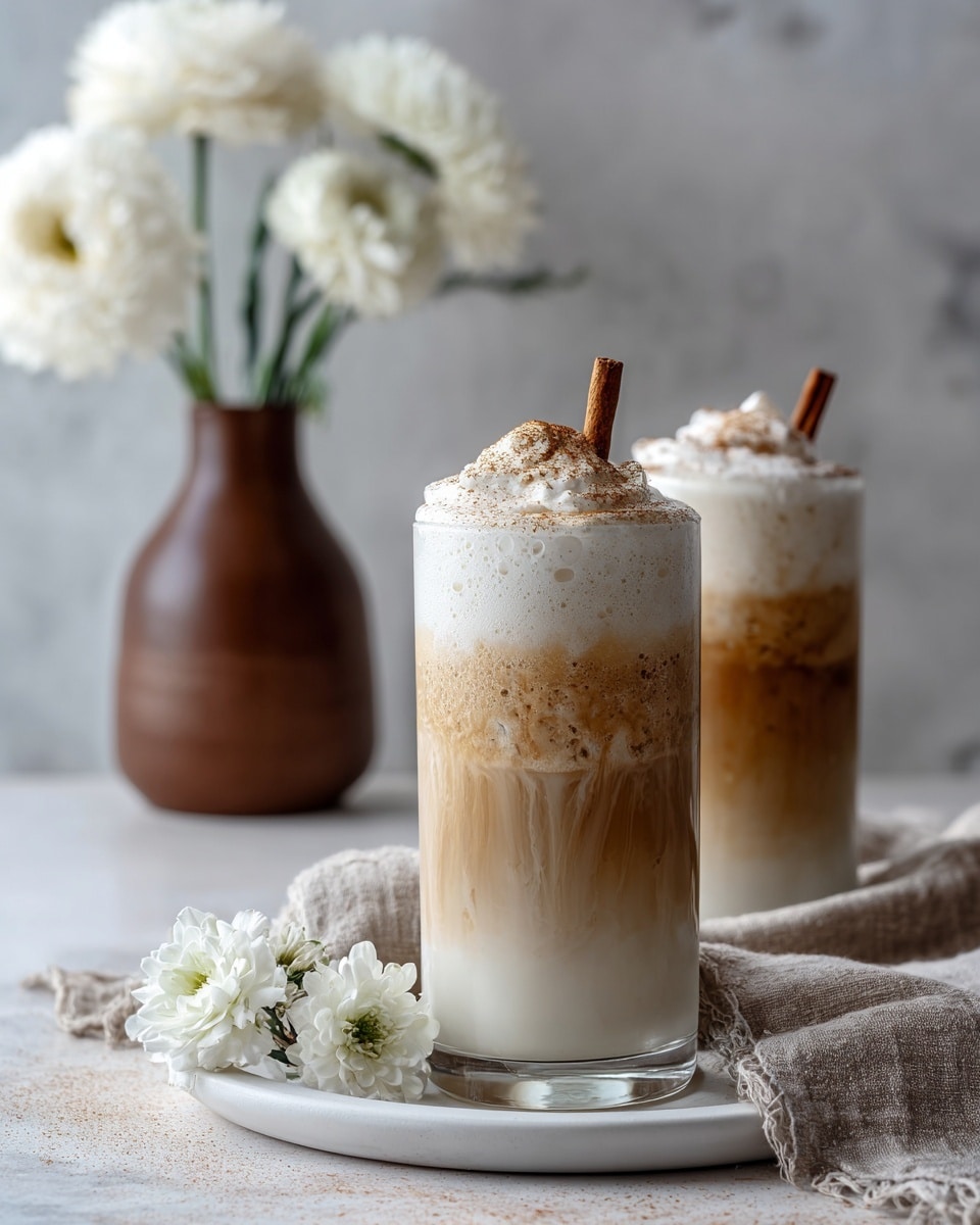 Two tall glasses with white and light brown layers of creamy iced coffee, each layer smoothly blended to show a soft gradient from white at the top to light brown at the bottom. The glasses have a raised arc pattern all over. They sit on a small white round plate with some white and purple flowers and natural beige textured cloth around the base. In the background, there is a white marbled surface with a tall brown vase holding some white flowers slightly blurred behind the glasses. photo taken with an iphone --ar 4:5 --v 7
