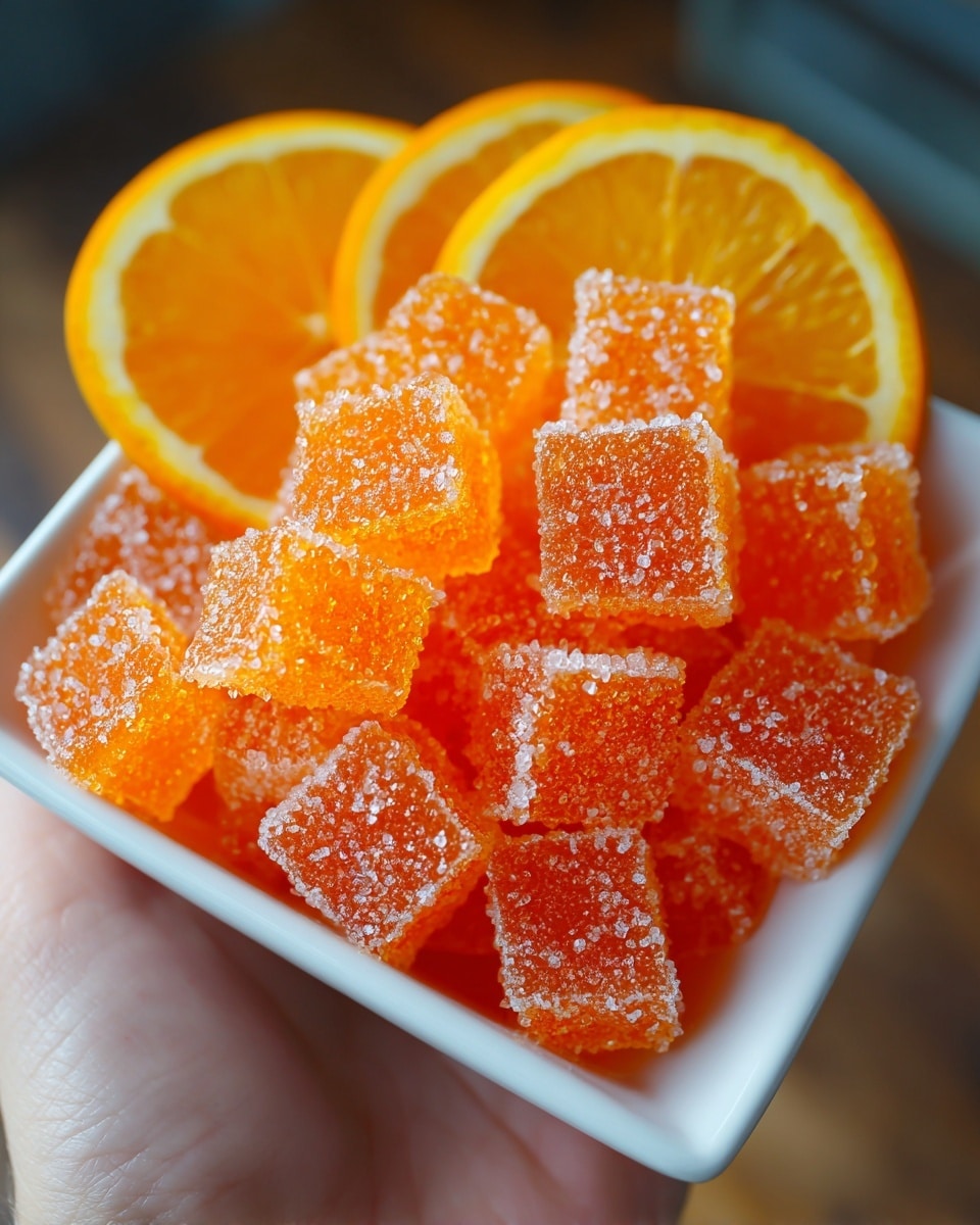 A white square bowl filled with orange-colored sugar-coated jelly candies, each shaped like a small cube with a rough texture from the sugar crystals. Among the jelly pieces are thin, bright orange slices of citrus fruit with visible segments, placed on top and around the cubes. The bowl is held by a woman's hand against a blurred background, with soft lighting emphasizing the vibrant orange colors and the sugary texture of the candies. photo taken with an iphone --ar 4:5 --v 7