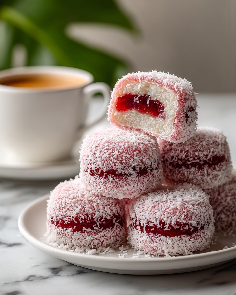 The image shows a white plate holding several small, round pink confections. Each treat has two soft, powdery pink layers coated with fine shredded coconut, with a thick, glossy red jelly filling in the middle. One of the treats is cut open, revealing a light yellowish inner dough surrounding the red jelly. The plate sits on a white marbled surface with a blurred cup and green leaves in the background. Photo taken with an iphone --ar 4:5 --v 7