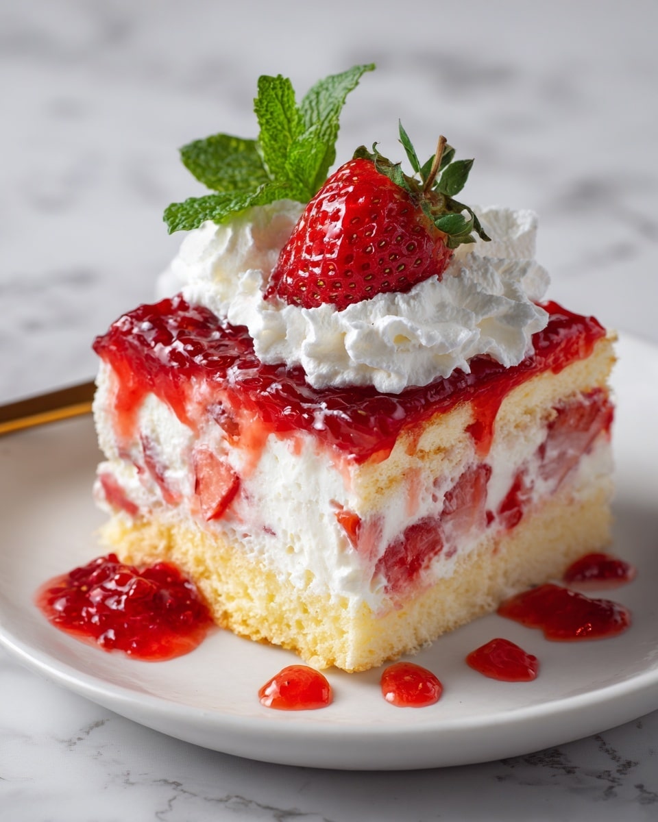 The image shows a slice of layered cake on a white plate, set on a white marbled texture. The cake has three main layers: the bottom layer is a light yellow, soft and crumbly cake base; the middle layer is a thick, creamy white filling mixed with bits of red fruit; the top layer is a glossy, deep red fruit topping, flowing slightly over the edges of the cake. On top, there is a dollop of white whipped cream, crowned with a whole bright red strawberry and a fresh green mint leaf. Some of the red fruit topping has spilled onto the plate, adding a juicy texture contrast. photo taken with an iphone --ar 4:5 --v 7