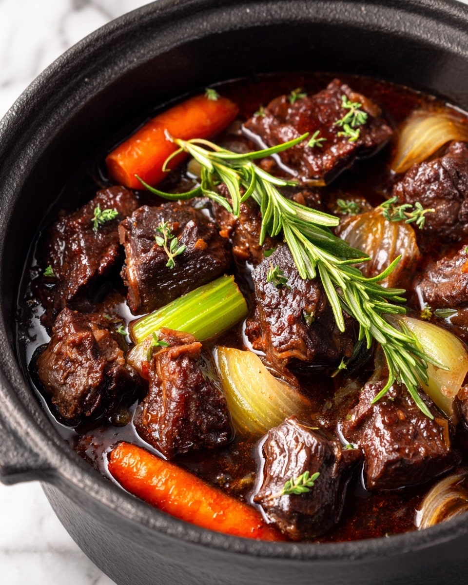 The image shows a close-up of a stew in a dark pot with four large dark brown braised meat chunks on top, each piece having a slightly caramelized, textured surface. Around and underneath the meat are bright orange whole carrots, pale green celery sticks, and translucent quartered onions submerged in a rich, glossy, dark brown sauce. Sprigs of fresh rosemary and thyme with green needles and leaves are placed over the meat, adding a fresh touch to the hearty dish, all set against a white marbled texture background. photo taken with an iphone --ar 4:5 --v 7