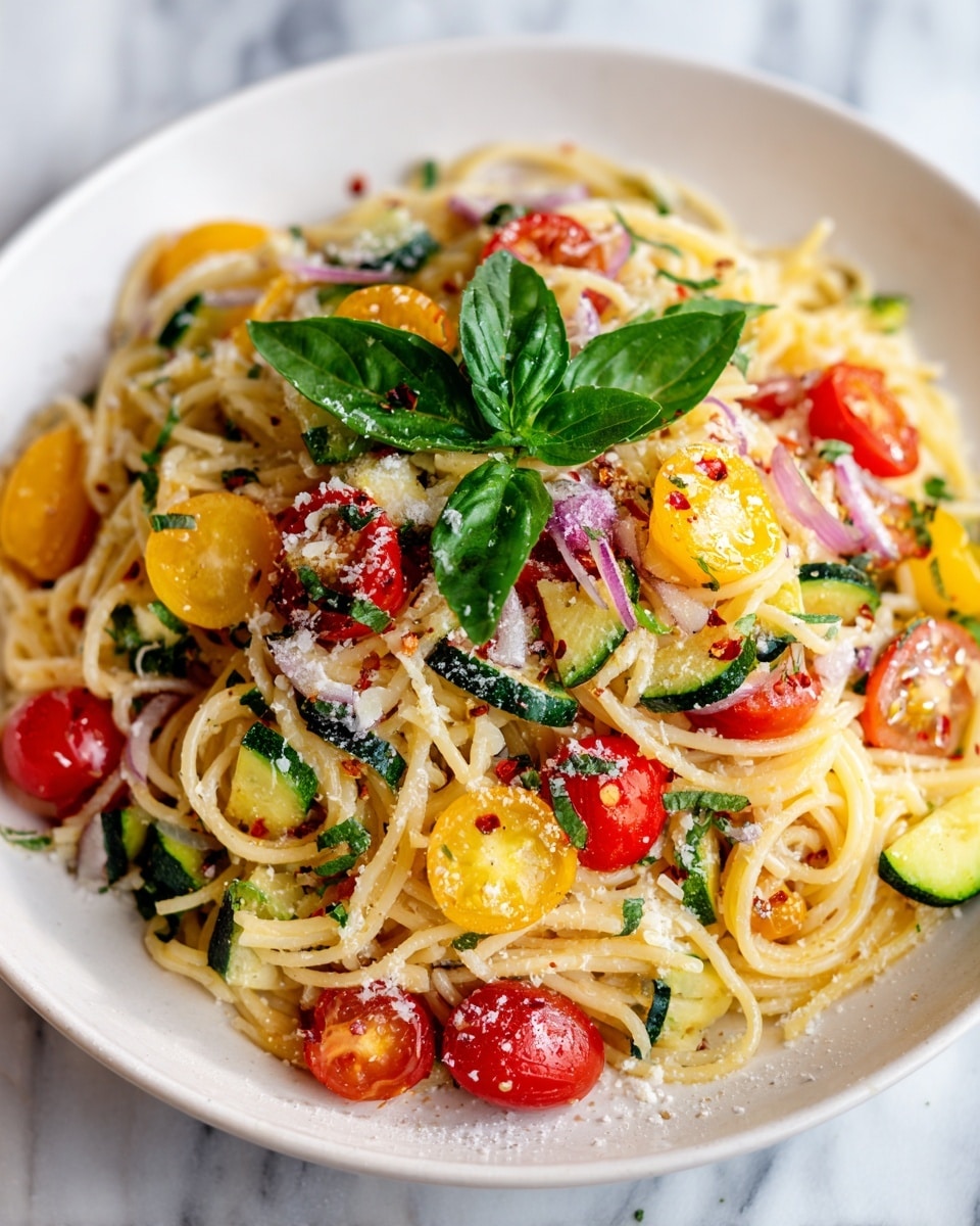 A white plate holds a colorful pasta dish with thin angel hair pasta forming the base layer, pale yellow and slightly glossy. Scattered over the pasta are vibrant slices of red and yellow cherry tomatoes, cut in half, along with chunks of green cucumber cut into small pieces. Thin strips of purple onion are mixed throughout, and finely chopped green herbs are sprinkled on top. The dish is lightly dusted with grated white cheese and small bits of red chili flakes. A fresh green basil leaf crowns the center, adding a final touch of color. The background is a white marbled texture. photo taken with an iphone --ar 4:5 --v 7
