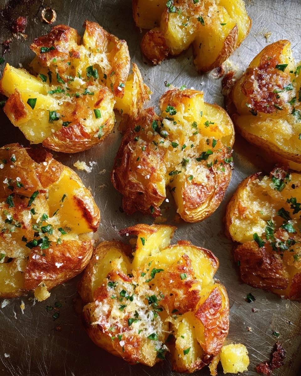 The image shows several small, crispy smashed potatoes on a metal cooking tray. Each piece has a rough, broken surface exposing the soft, light yellow inside, while the outside is golden brown and slightly wrinkled. Some potatoes have visible seasoning, including green herbs and bits of translucent melted cheese. The potatoes look crunchy in some spots and soft in others, with slight oil stains and small crispy bits scattered around on the tray. Photo taken with an iphone --ar 4:5 --v 7
