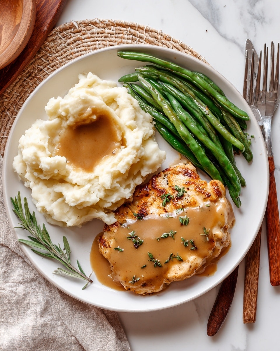A white plate shows a meal with three main parts: green beans on the top right, creamy mashed potatoes on the top left with a little pool of brown gravy on it, and a golden brown grilled chicken patty covered with light brown gravy in the center bottom. The chicken patty has small green herb pieces sprinkled on it. The whole dish rests on a white marbled surface with a light brown woven mat underneath part of the plate. On the right side near the plate, there are wooden utensils, and a woman's hand holding a fork is reaching towards the food. photo taken with an iphone --ar 4:5 --v 7