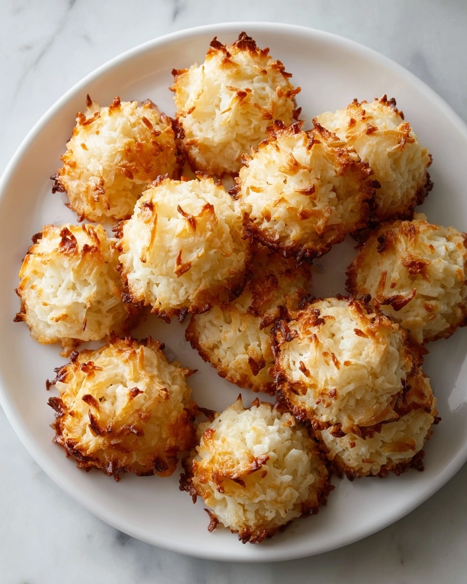 A white plate is filled with about ten small, round golden brown coconut macaroons. Each macaroon has a crispy, toasted outer layer with a rough, textured surface showing uneven coconut flakes. The macaroons are slightly piled but mostly spread out on the plate, highlighting their crumbly edges and soft, white coconut inside. The plate sits on a white marbled surface, giving a clean and simple background. The lighting highlights the warm golden tones and texture of the macaroons, making them look fresh and crunchy. photo taken with an iphone --ar 4:5 --v 7