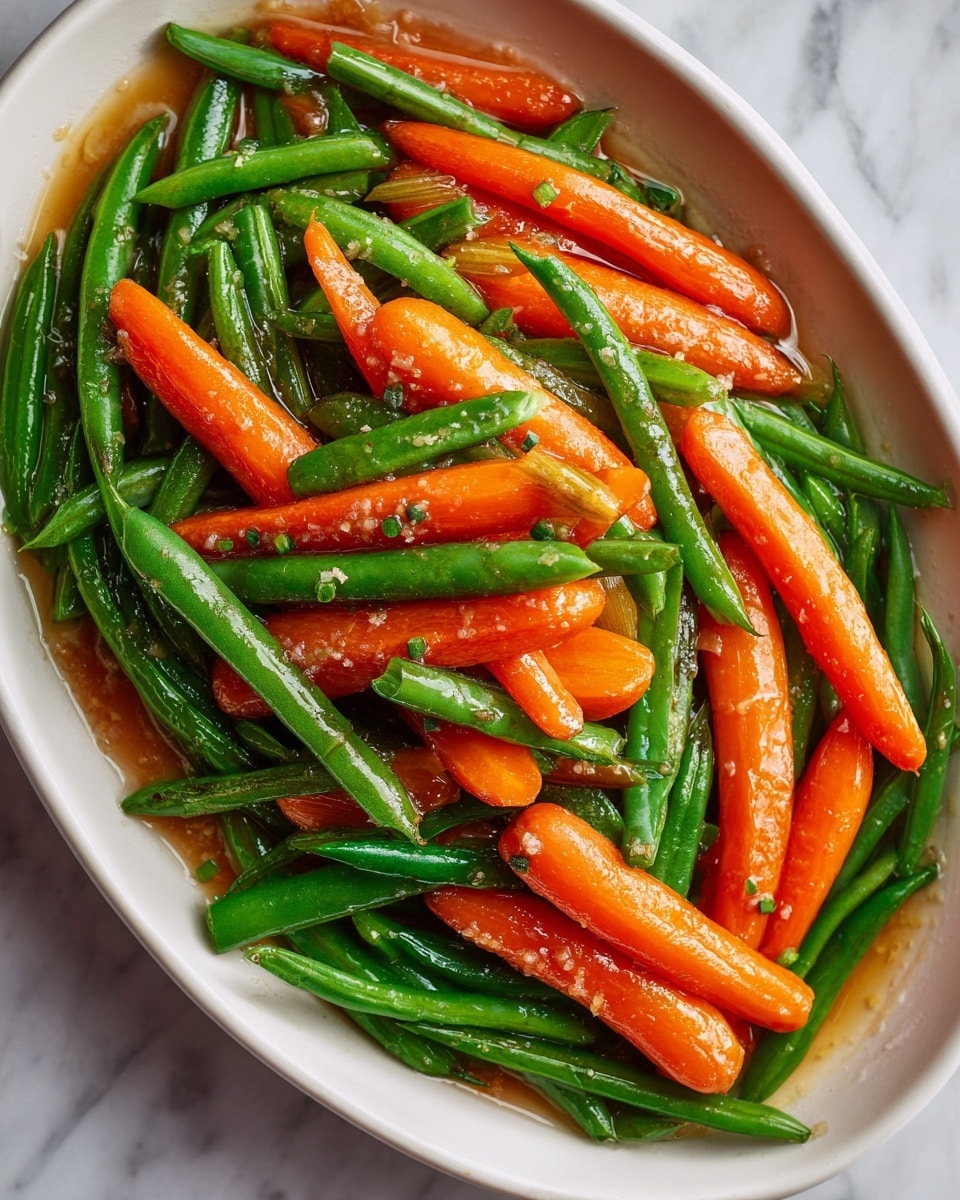A close-up image of cooked baby carrots and green beans mixed together in a white oval dish, the vegetables glistening with a light brown sauce that adds shine and texture. The carrots are bright orange with a smooth surface while the green beans are vibrant green, both showing some visible seasoning bits on top. The dish is placed on a white marbled surface, highlighting the fresh colors of the vegetables. Photo taken with an iphone --ar 4:5 --v 7