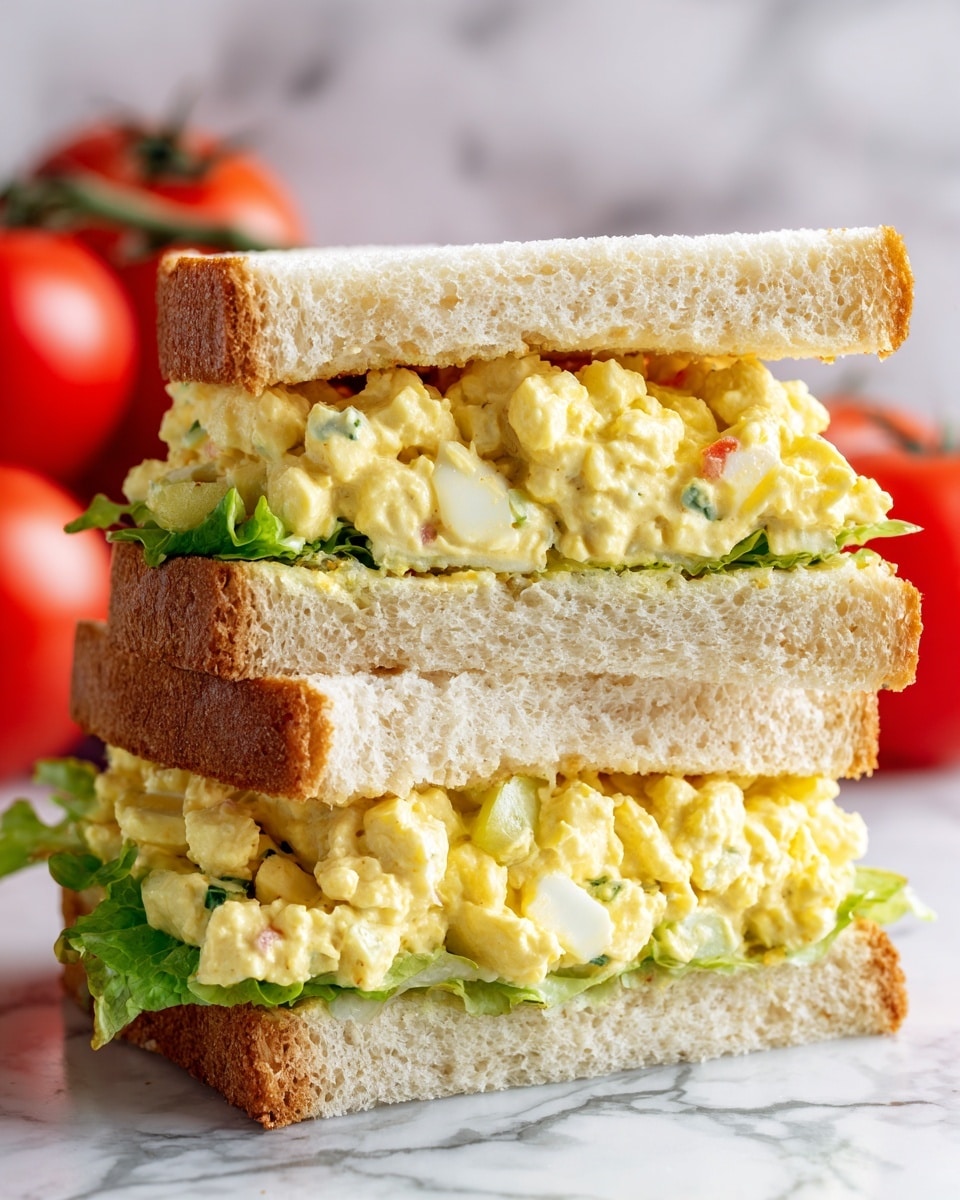 A close-up view of a thick egg salad sandwich cut in half and stacked, showing two layers of soft, light beige bread with a fluffy texture. Between the bread layers is a chunky, creamy yellow egg salad mixed with small pale yellow egg pieces and light green bits, possibly celery or pickles, adding texture. A few pieces of fresh green lettuce peek out at the bottom layer, adding brightness. The sandwich sits on a white marbled surface with out-of-focus ripe red tomatoes in the background. photo taken with an iphone --ar 4:5 --v 7