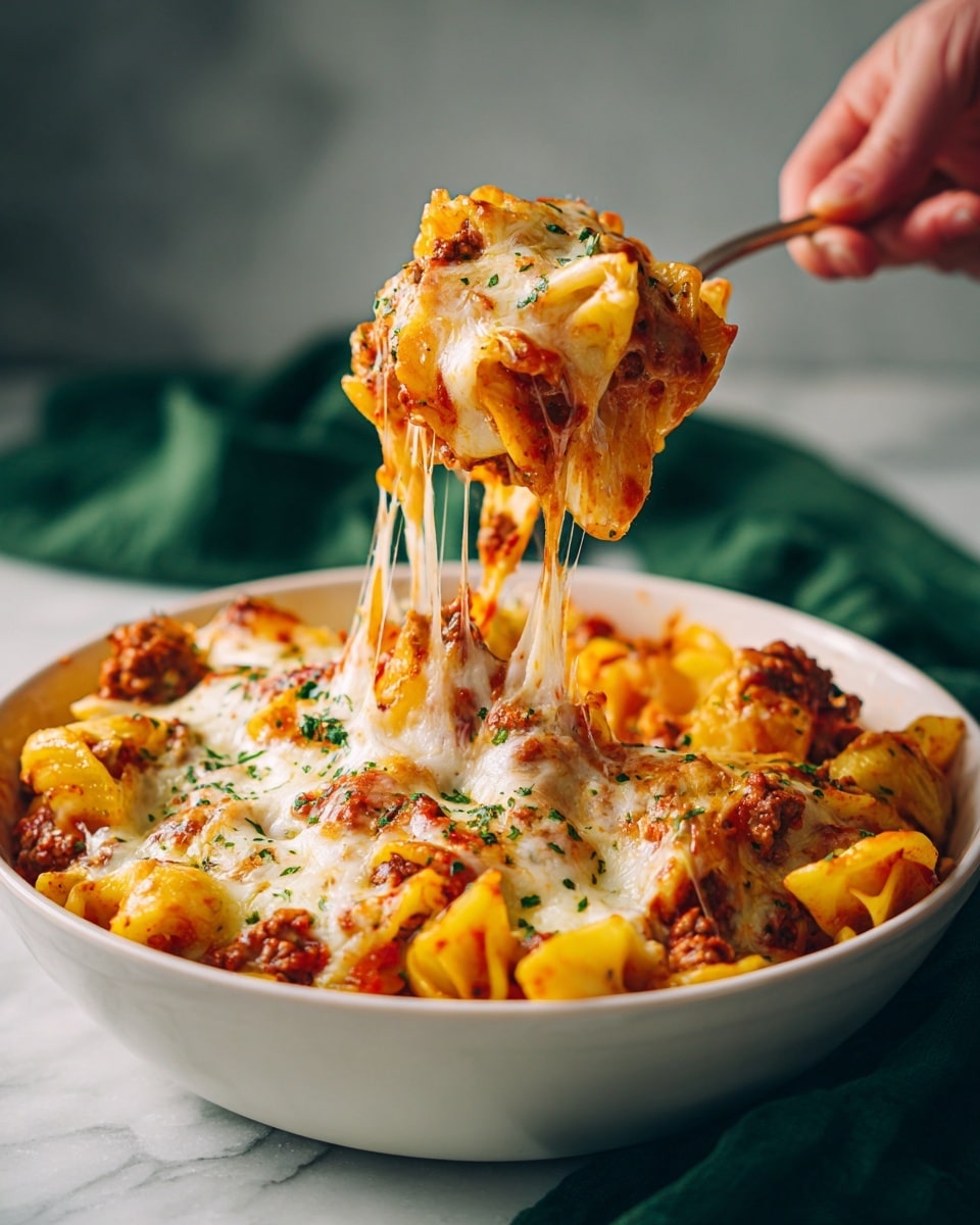 A close-up view of baked pasta in a white bowl, showing a woman's hand lifting a cheese-covered pasta scoop. The dish has two main layers: the bottom layer is golden yellow pasta mixed with ground meat in a red tomato sauce, and the top layer is melted, creamy white cheese stretching as the pasta is lifted. There are small green herb sprinkles scattered on the cheese for added color. The background is a soft white marbled texture with a green cloth blurred in the back. Photo taken with an iphone --ar 4:5 --v 7