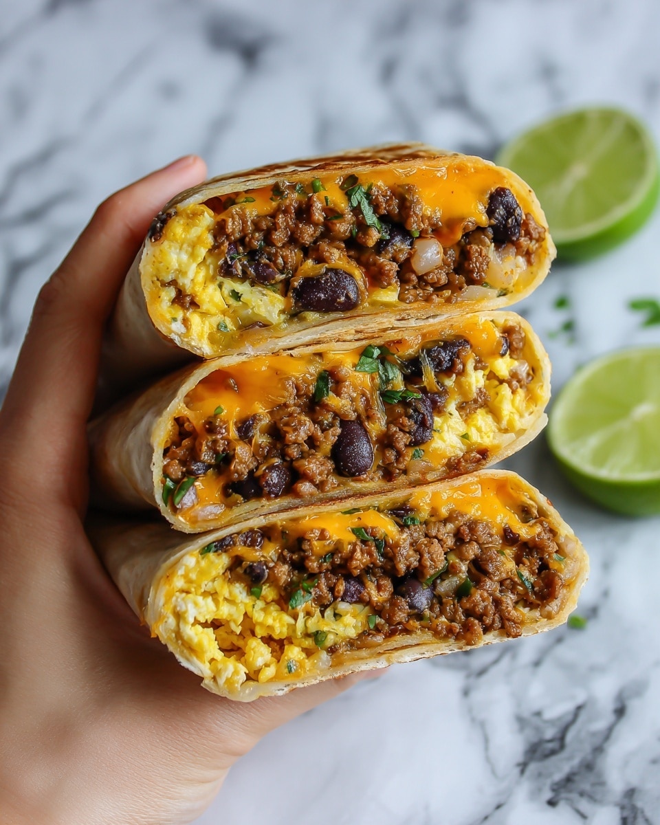 A close-up view of a burrito held by a woman's hand, showing three clear layers inside. The first layer at the bottom is a mix of cooked ground meat and black beans with small bits of green herbs scattered on top. The middle layer is fluffy yellow scrambled eggs, soft in texture and taking up the almost middle section of the burrito. The top layer is melted orange cheese that lightly covers the meat and beans below, adding a creamy look. In the background, there is a white marbled surface with a sliced lime resting nearby. photo taken with an iphone --ar 4:5 --v 7