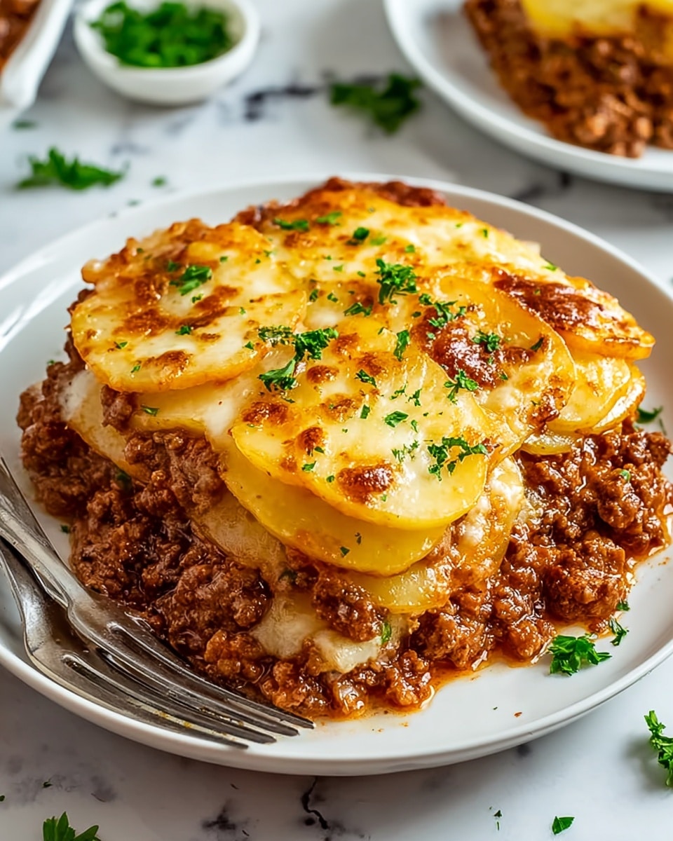 The dish is served on a white plate placed on a white marbled surface. It has three visible layers: the bottom layer is a rich ground beef mixture with a brown texture, the middle layer consists of thin, soft potato slices with a light yellow color arranged evenly, and the top layer is melted cheese with a golden brown bubbly surface, sprinkled with small green parsley pieces. Two metal utensils rest on the edge of the plate, adding a casual, ready-to-eat look. Photo taken with an iphone --ar 4:5 --v 7