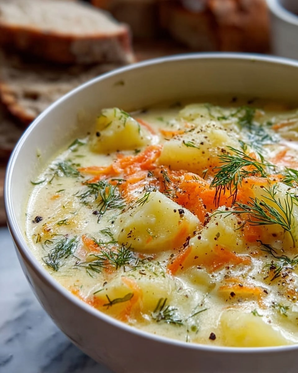 A close-up view of a white bowl filled with thick, creamy soup showing multiple layers of chunky, pale yellow potato pieces scattered throughout, accented with thin, shredded orange carrot strands resting on and inside the soup. The surface is sprinkled with small dark green dill leaves and a fine dusting of black pepper, adding texture and color contrast. In the blurred background on a white marbled surface, there are pieces of rustic bread. The overall look is warm and hearty, captured with natural lighting. photo taken with an iphone --ar 4:5 --v 7