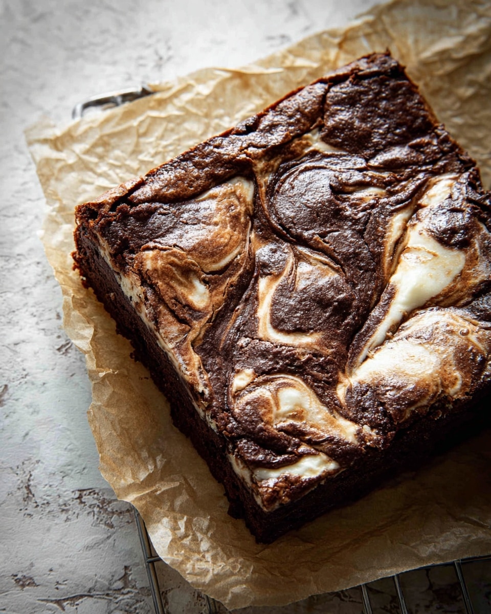 A square, thick brownie sits on crumpled parchment paper over a wire rack. The brownie has a rich, dark brown color with multiple swirls of creamy white and light brown marbled throughout the top surface, creating a textured, uneven pattern. The swirls look soft and slightly toasted, blending into the dense, fudgy base beneath. The background shows a white marbled texture, adding a clean contrast to the deep tones of the brownie. Photo taken with an iphone --ar 4:5 --v 7
