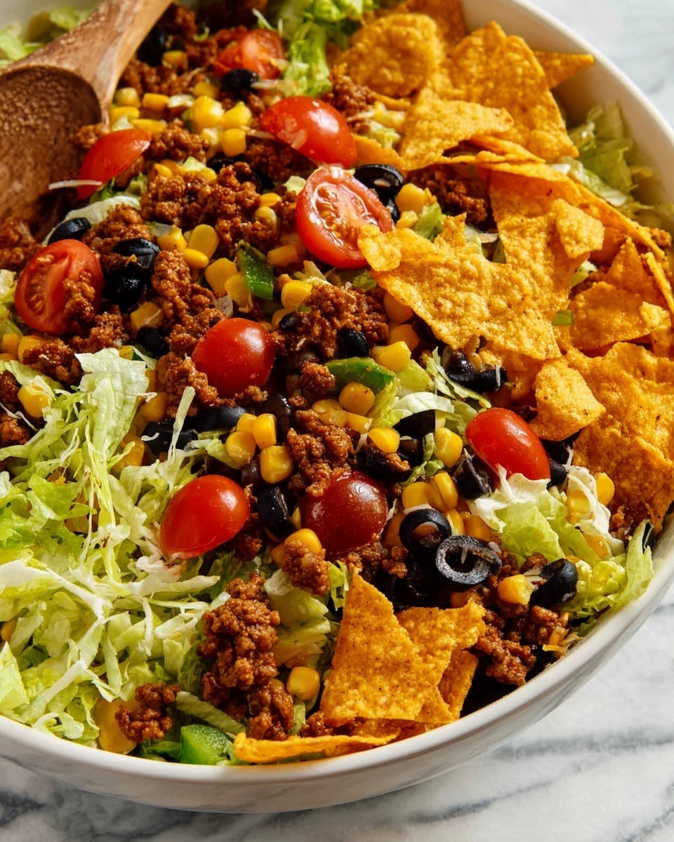 A close-up view of a colorful taco salad in a white bowl placed on a white marbled surface, showing multiple layers with a mix of textures and colors: the bottom layer has light green shredded lettuce, followed by scattered bright yellow corn kernels and small chunks of green bell peppers, then a layer of torn golden-yellow tortilla chips, and on top, a generous sprinkling of cooked ground beef pieces with a brownish color, black beans, halved red cherry tomatoes, black sliced olives, and a few strands of melted cheese mixed throughout, all combined to create a vibrant and fresh look; a wooden spoon is partially visible on the left side, mixing the salad. photo taken with an iphone --ar 4:5 --v 7