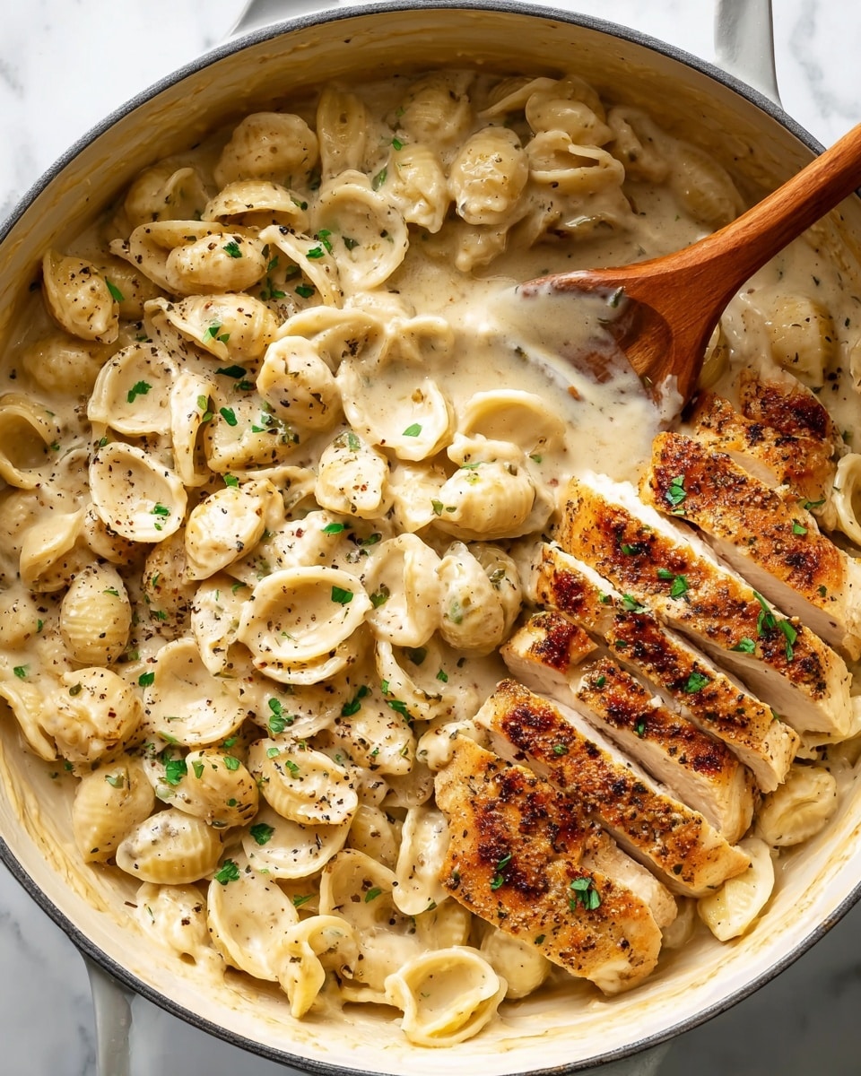 The image shows a pot filled with a creamy pasta dish consisting of shell-shaped pasta coated in a thick, light beige sauce. On one side of the pot, there are sliced pieces of golden-brown grilled chicken, seasoned with black pepper and herbs, placed on top of the pasta. Small green herbs are sprinkled evenly over the pasta and chicken, adding a pop of color. A wooden spoon rests inside the pot, partially covered by the creamy sauce and pasta, stirring the dish gently. The pot is placed on a white marbled surface. photo taken with an iphone --ar 4:5 --v 7