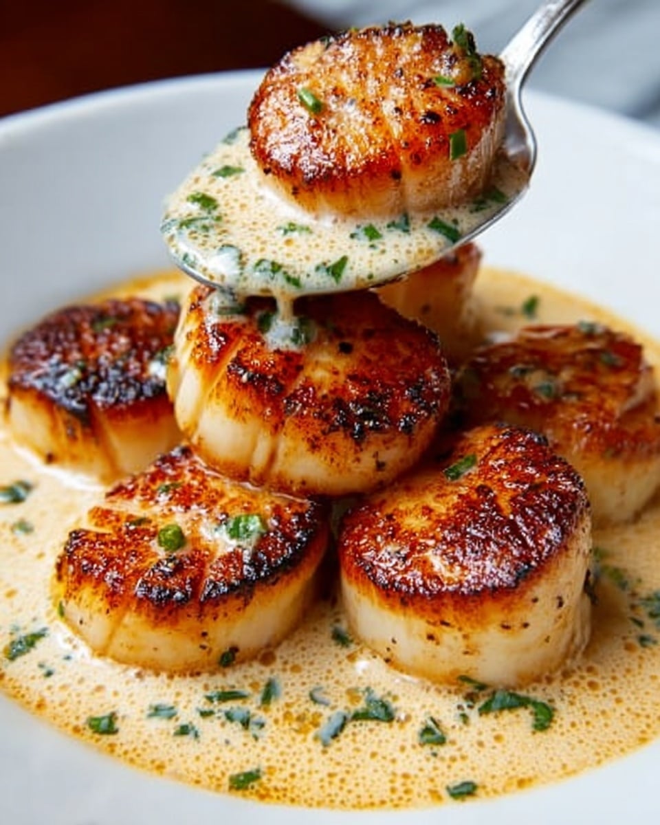 A white plate holds a stack of nine golden brown seared scallops, each with a crispy, caramelized top layer. The scallops sit in a creamy beige sauce that pools around them, with small green herb pieces scattered on the sauce for color contrast. A spoon is lifting one scallop, showing its moist, tender texture beneath the browned crust. The scene is set on a white marbled surface. photo taken with an iphone --ar 4:5 --v 7
