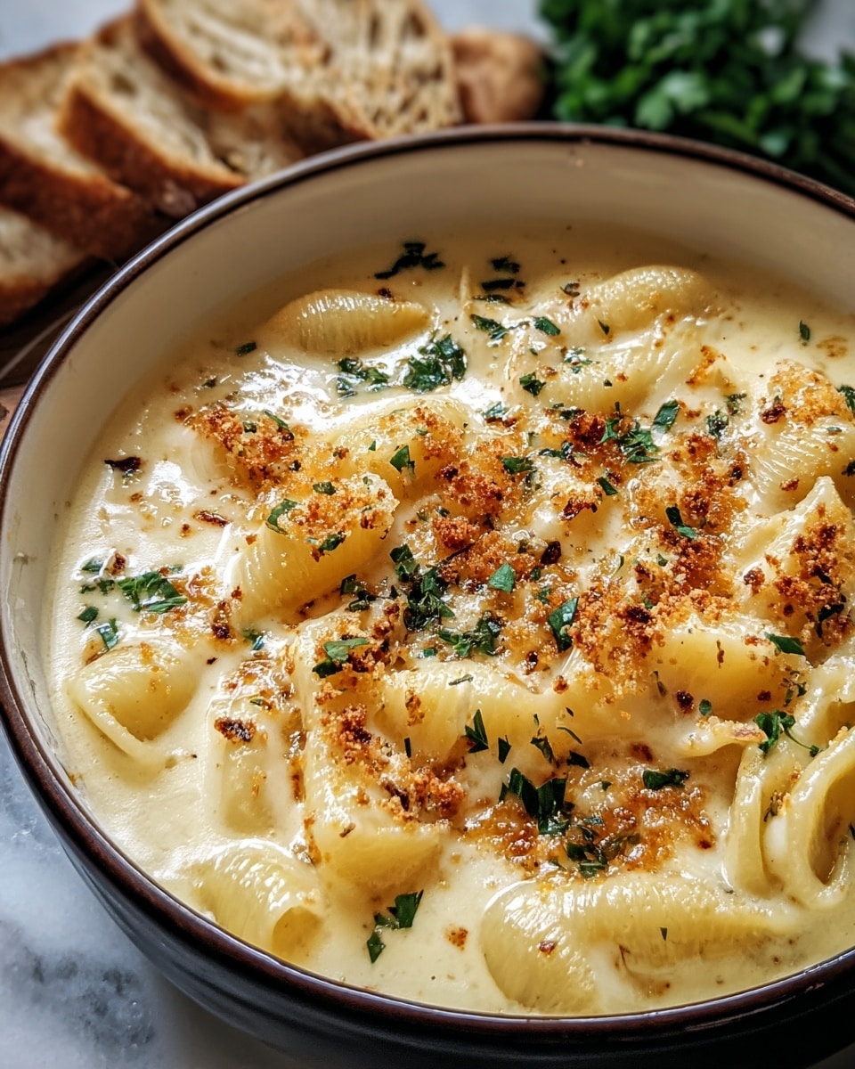 A close-up view of a creamy pasta dish served in a white bowl with a dark rim, filled with light yellow cheese sauce covering short pasta tubes. The surface is sprinkled with melted golden brown toasted crumbs and small green herb pieces, creating a textured topping. In the background, there are slices of rustic bread and greenery, all placed on a white marbled surface. photo taken with an iphone --ar 4:5 --v 7