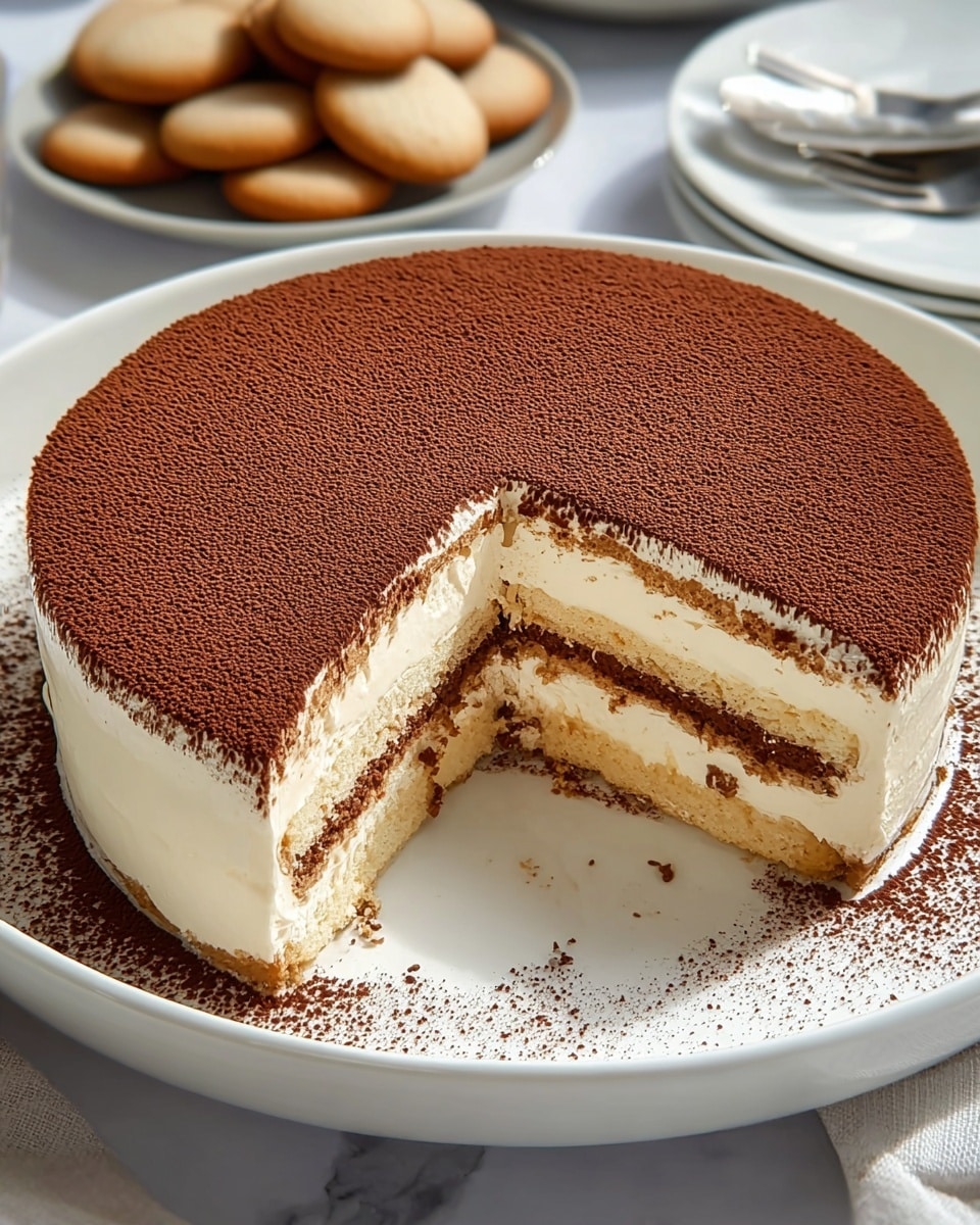 A white round bowl holds a partially eaten layered tiramisu dessert. The tiramisu has three main layers: a thick top layer of smooth cream lightly dusted with a fine, dark brown cocoa powder, two middle layers of light brown soaked ladyfingers separated by creamy white mascarpone, and a bottom layer of the same soaked ladyfingers. The cocoa powder is evenly spread on top and sprinkled around the empty part of the bowl, showing the creamy texture and moist biscuit layers clearly. In the background, blurred cookies coated with cocoa and cream are visible on a white marbled surface, along with a shiny fork resting near the bowl. The overall scene is bright with natural light. photo taken with an iphone --ar 4:5 --v 7