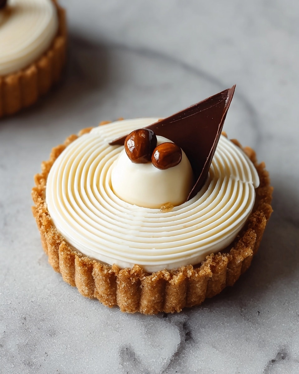 A small tart with a golden brown crust forms the base, holding a thick layer of smooth white cream swirled in tight, even circles, creating a textured pattern. In the center, there's a round dollop of cream topped with two small glossy brown hazelnuts. A dark triangular piece of chocolate stands upright on one side of the tart, adding contrast in color and shape. The tart rests on a white marbled surface, enhancing the colors of the dessert. photo taken with an iphone --ar 4:5 --v 7
